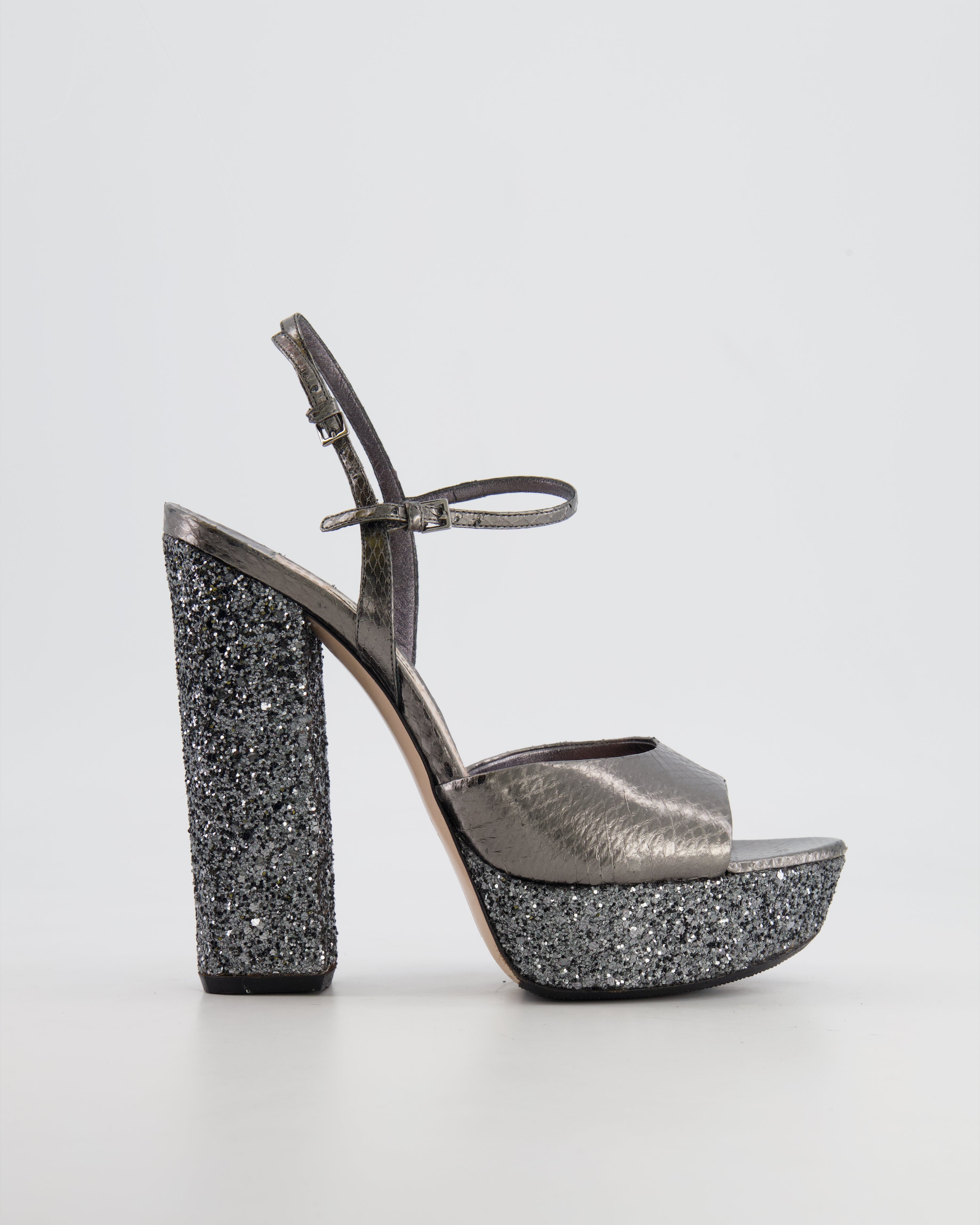 Miu Miu Silver Python-effect Sandal Heels With Glitter Details In Gray