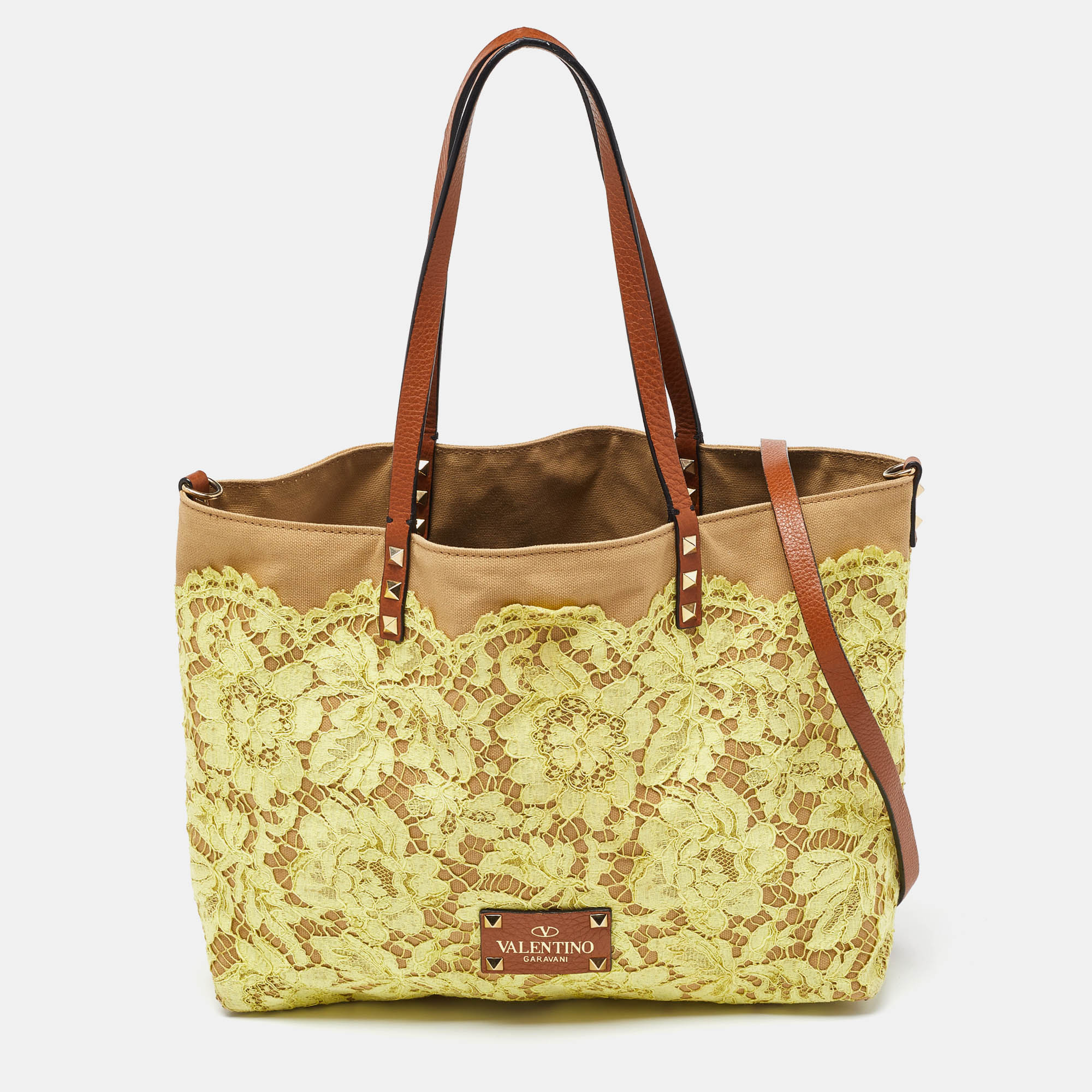 Valentino Garavani Tri Color Glamorous Lace Canvas And Leather Reversible Tote In Multi