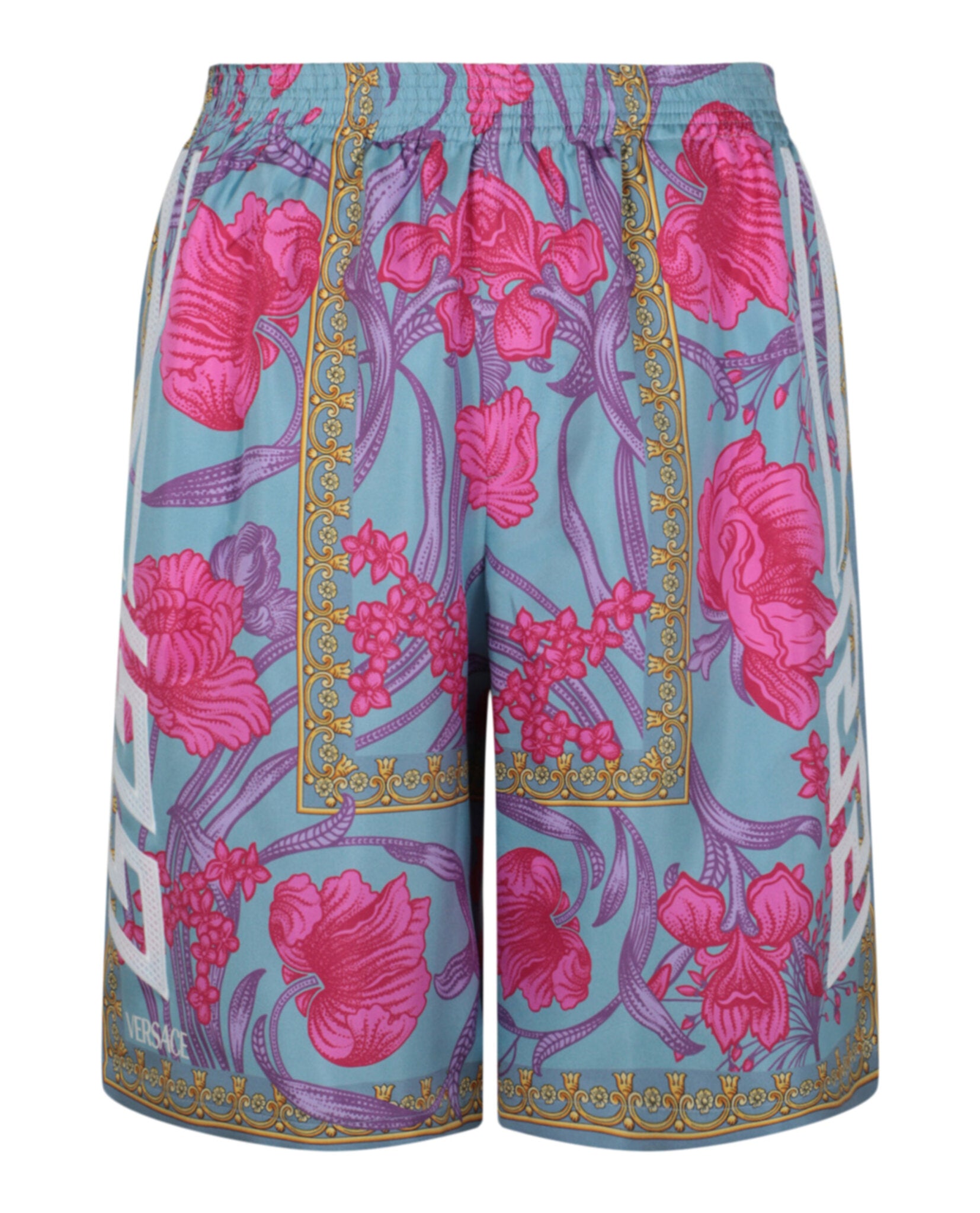 Shop Versace Floral Print Silk Shorts In Multi
