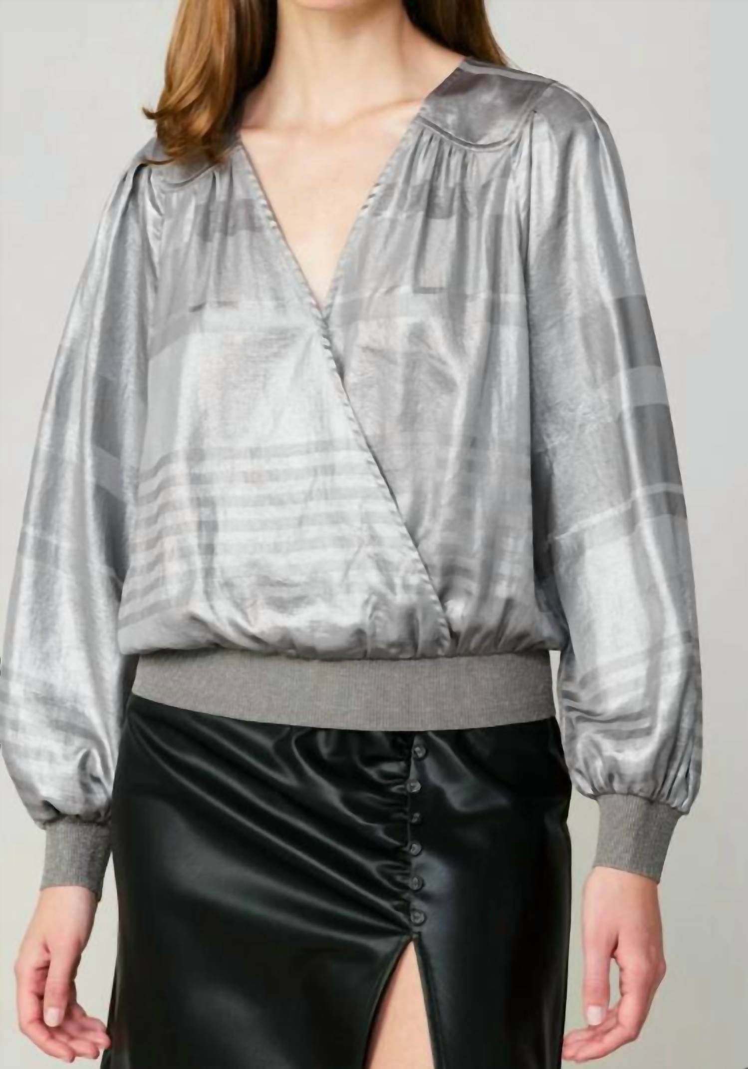 Current Air Metallic Surplice Blouse In Silver In Gray