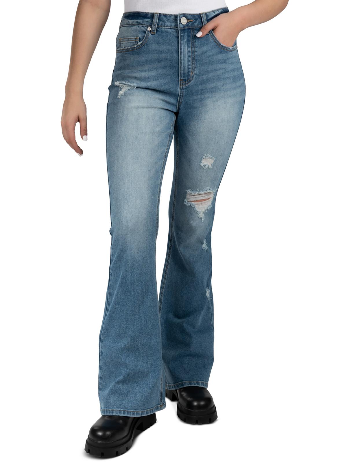 Shop Indigo Rein Juniors Womens High Rise Destroyed Flared Jeans In Blue
