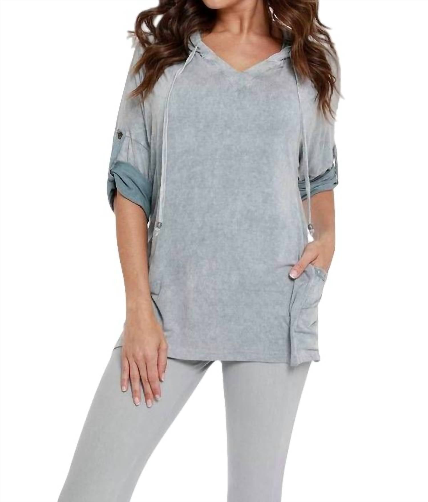 Shop Angel Hooded Drawstring Tunic Top In Gray In Blue