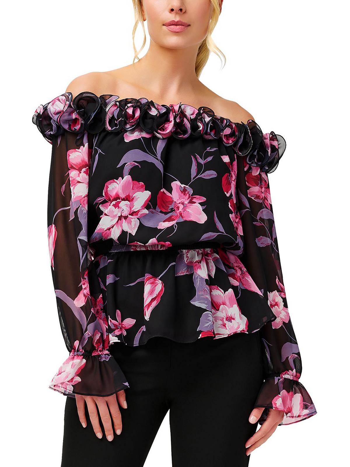 Shop Adrianna Papell Womens Floral Ruffled Blouse In Multi