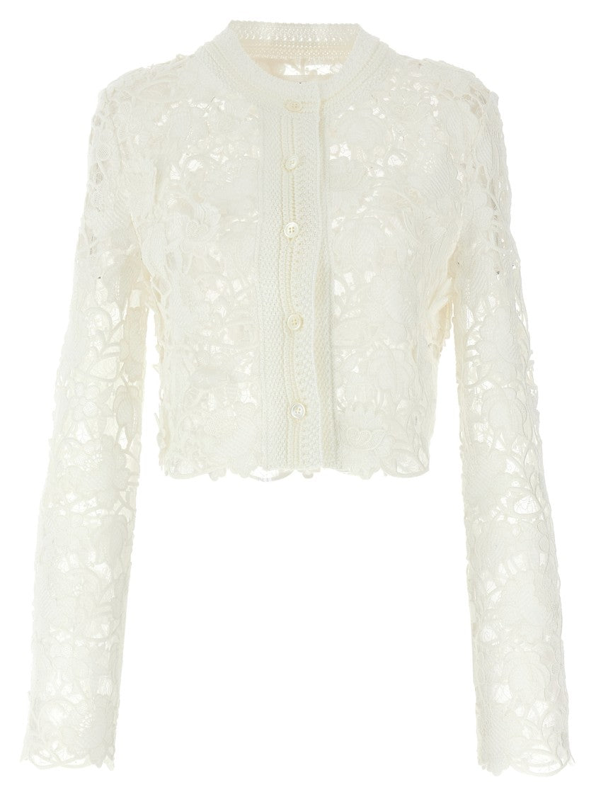 Ermanno Scervino Macramé Lace And Tulle Cropped Cardigan In White