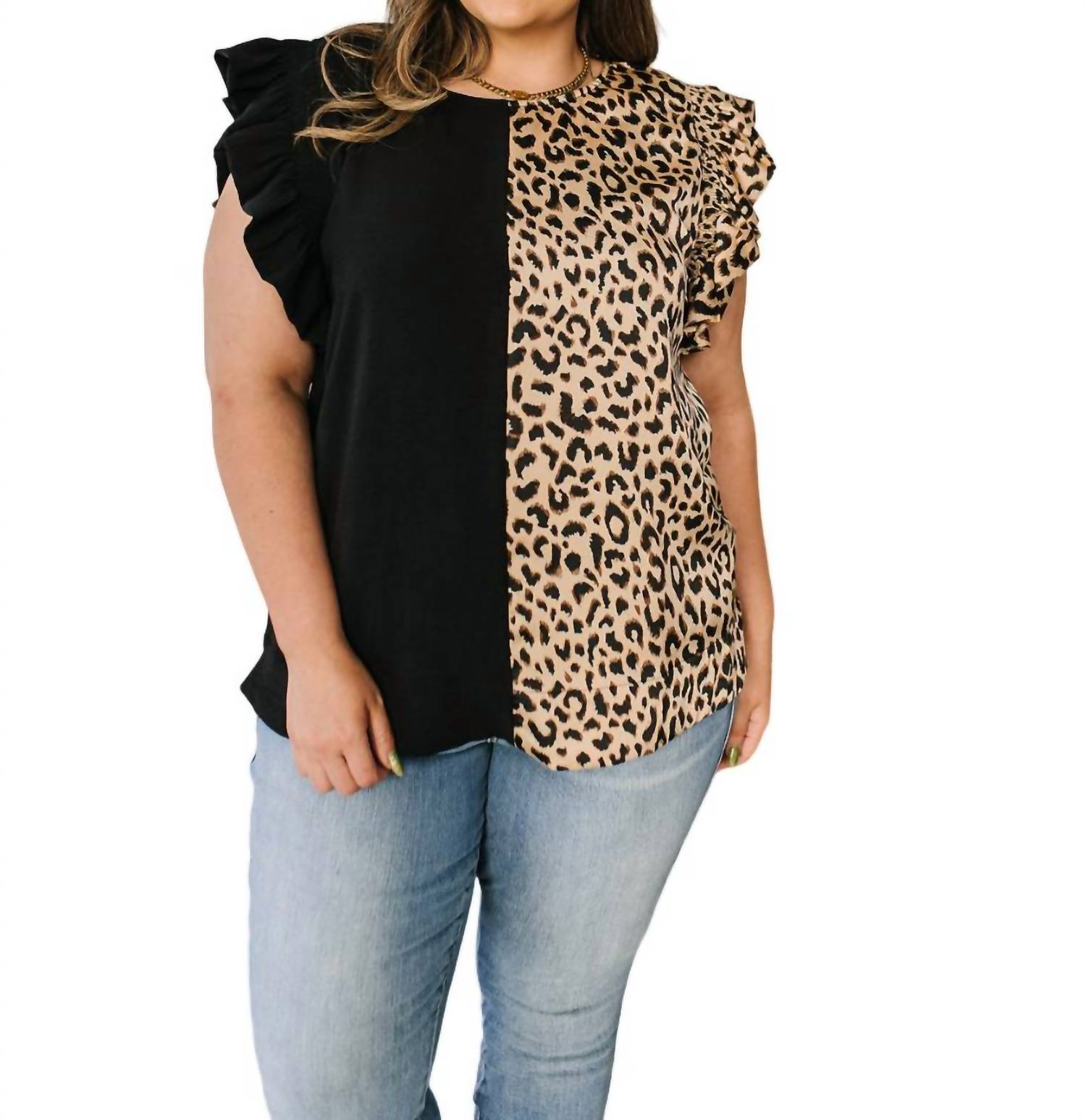 Shop Jodifl Phoebe Colorblock Leopard Ruffled Shoulder Top In Black/leopard