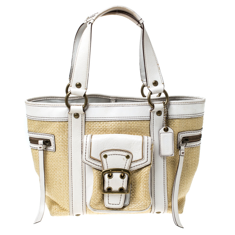 Shop Coach Straw And Leather Tote In White