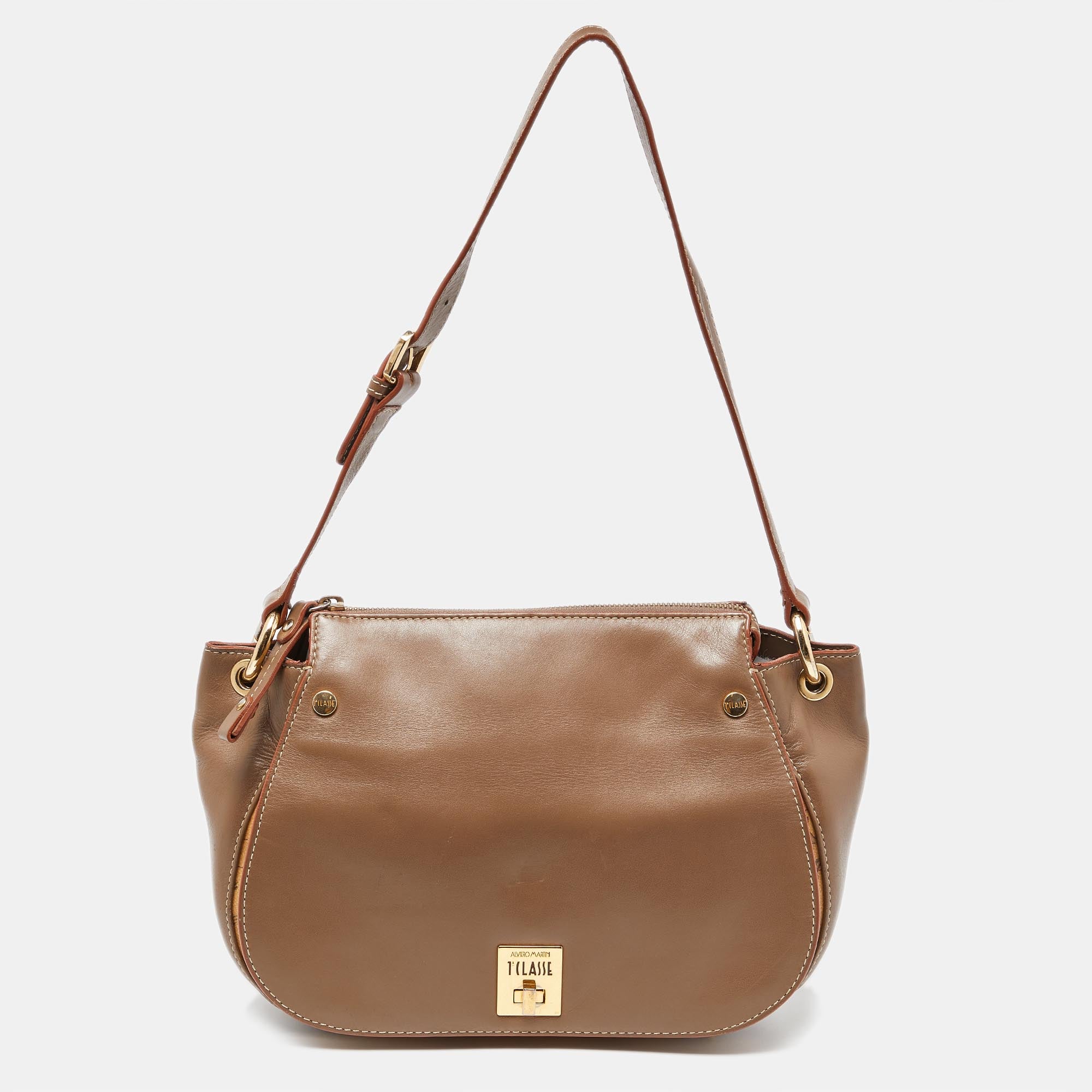 Alviero Martini 1a Classe /tan Geo Print Coated Canvas And Leather Zip Hobo In Brown