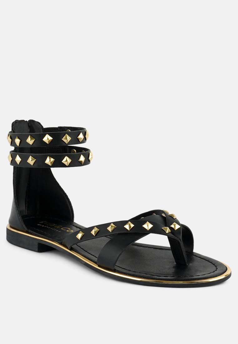 Rag & Co Emmeth Studs Embellished Black Flat Gladiator Sandals In Multi