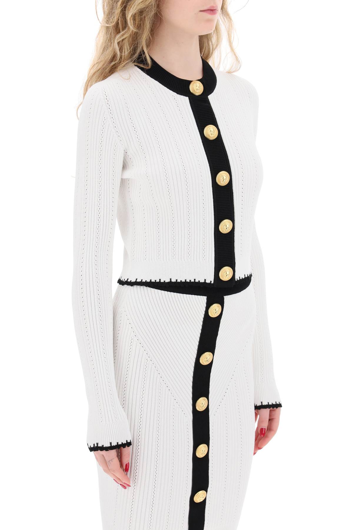 Balmain Bicolor Knit Cardigan With Embossed Buttons In Multi