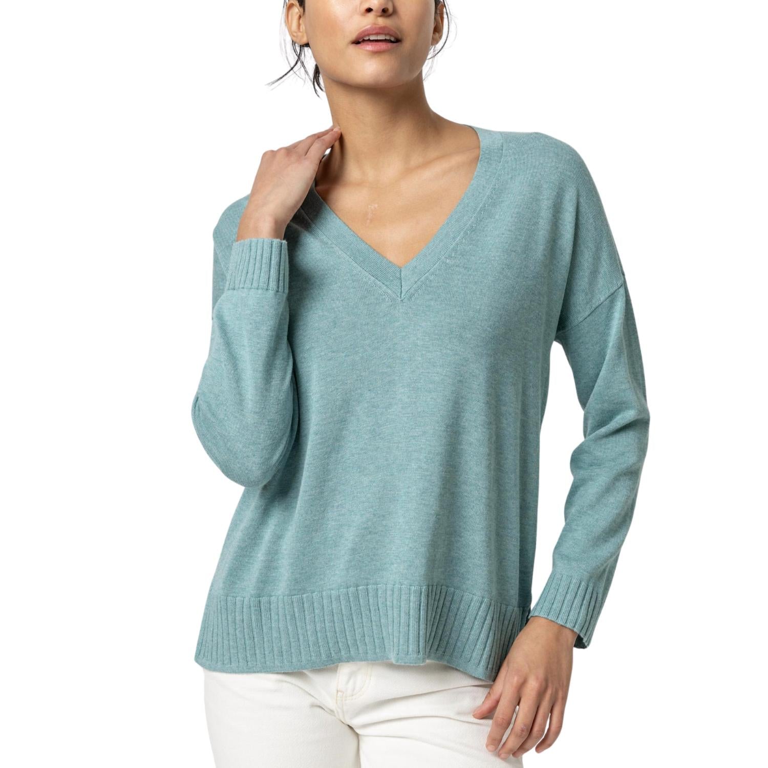 Lilla P Easy Back Seam V-neck Sweater In Sea Blue