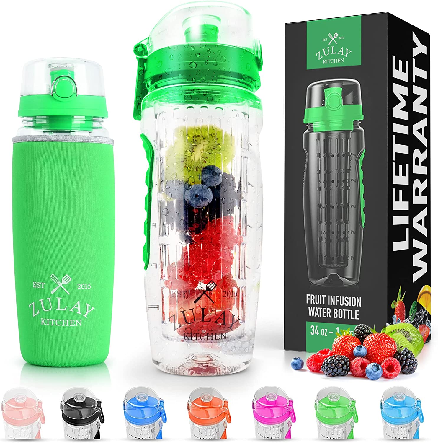 Shop Zulay Kitchen Fruit Infuser Water Bottle With Sleeve & Flip Top Lid In Green