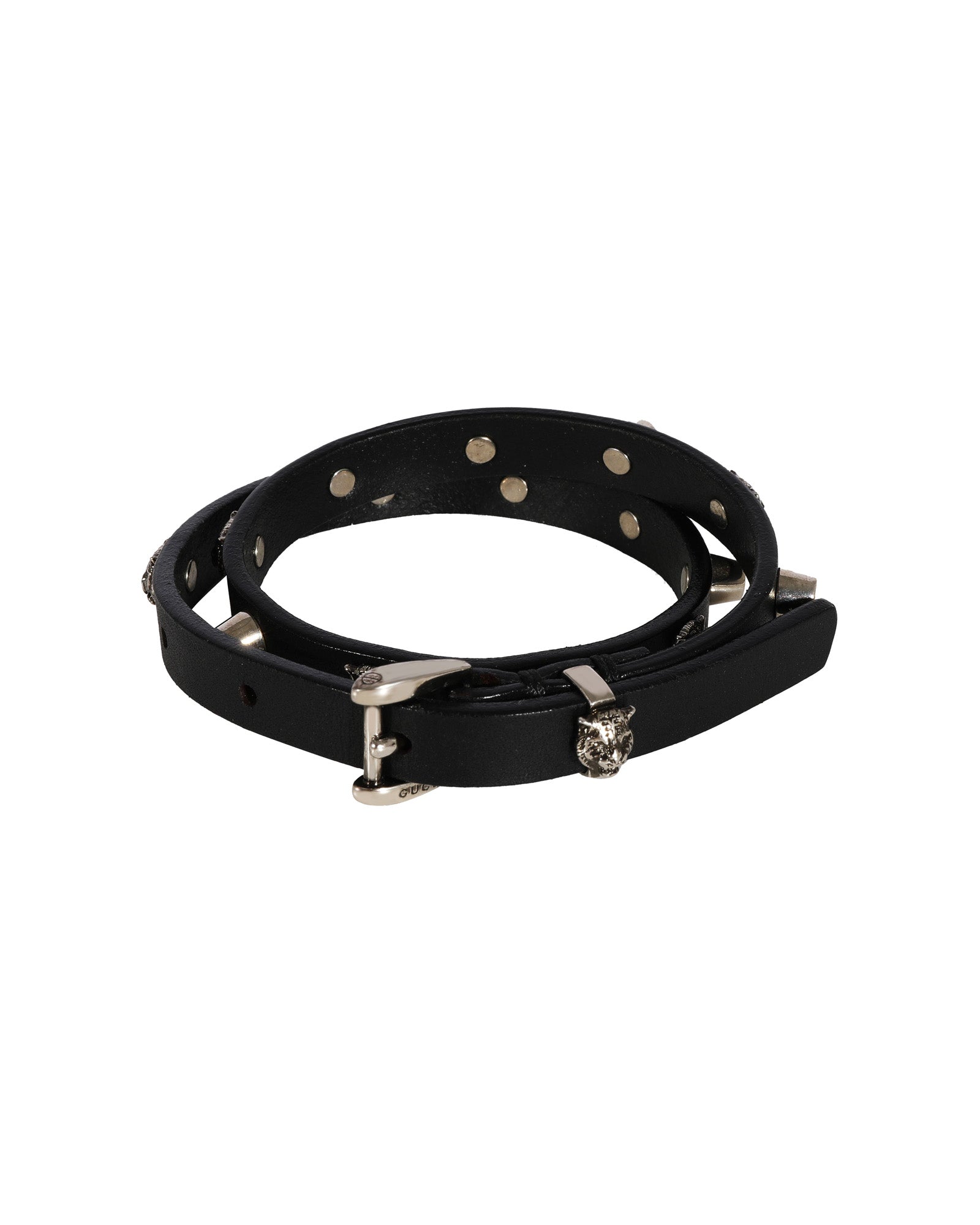 image of Gucci Black Leather Double Wrap Bracelet with Feline Heads & Studs