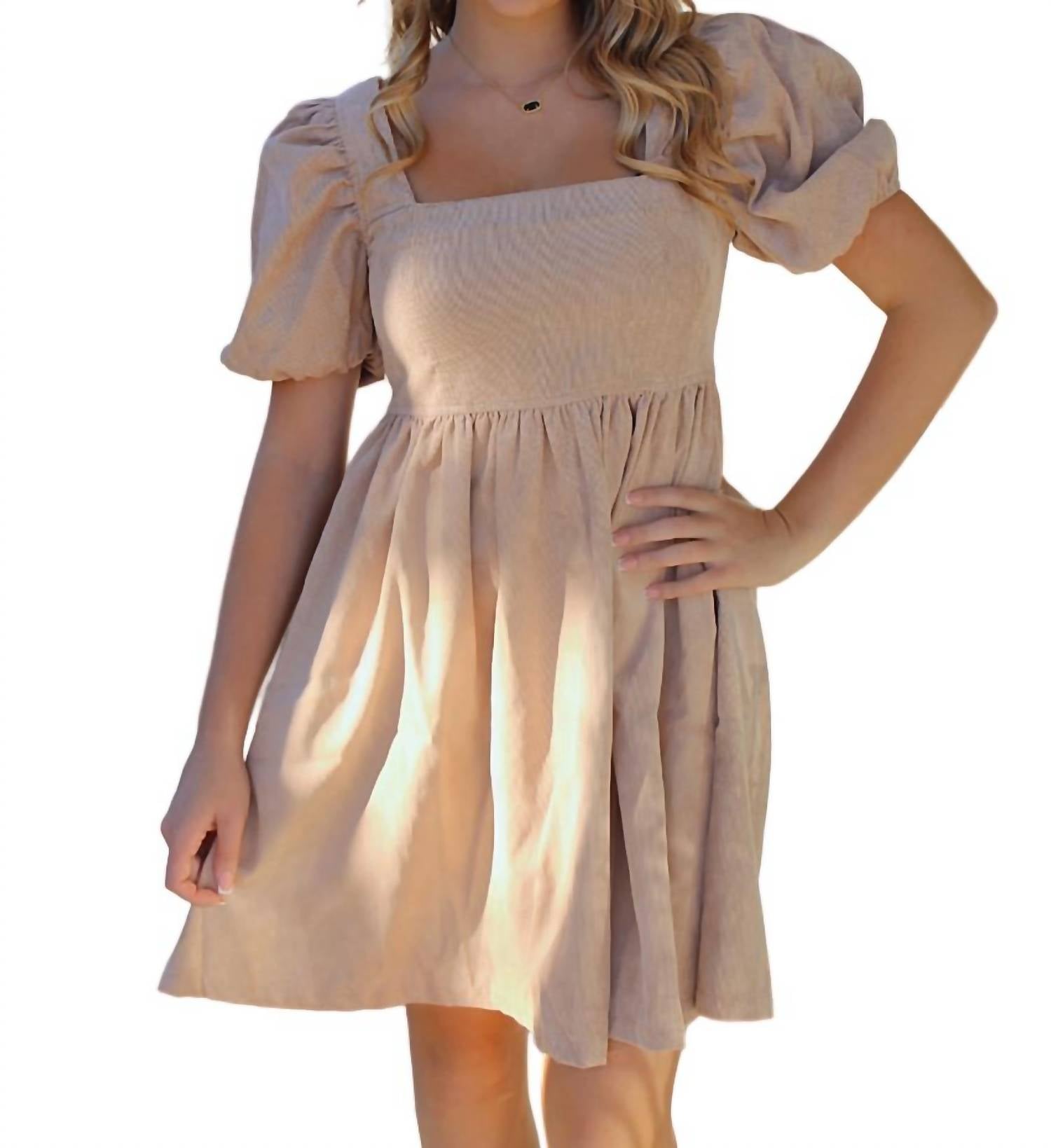 Mittoshop Puff Sleeve Babydoll Mini Dress In Taupe In Pink