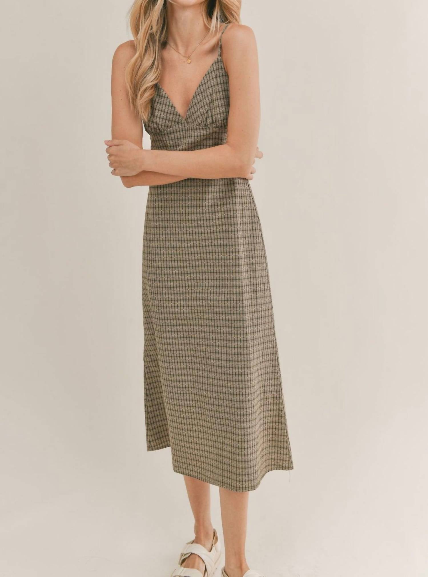 Shop Sadie & Sage Beach Picnic Plaid Midi Dress In Olive In Green