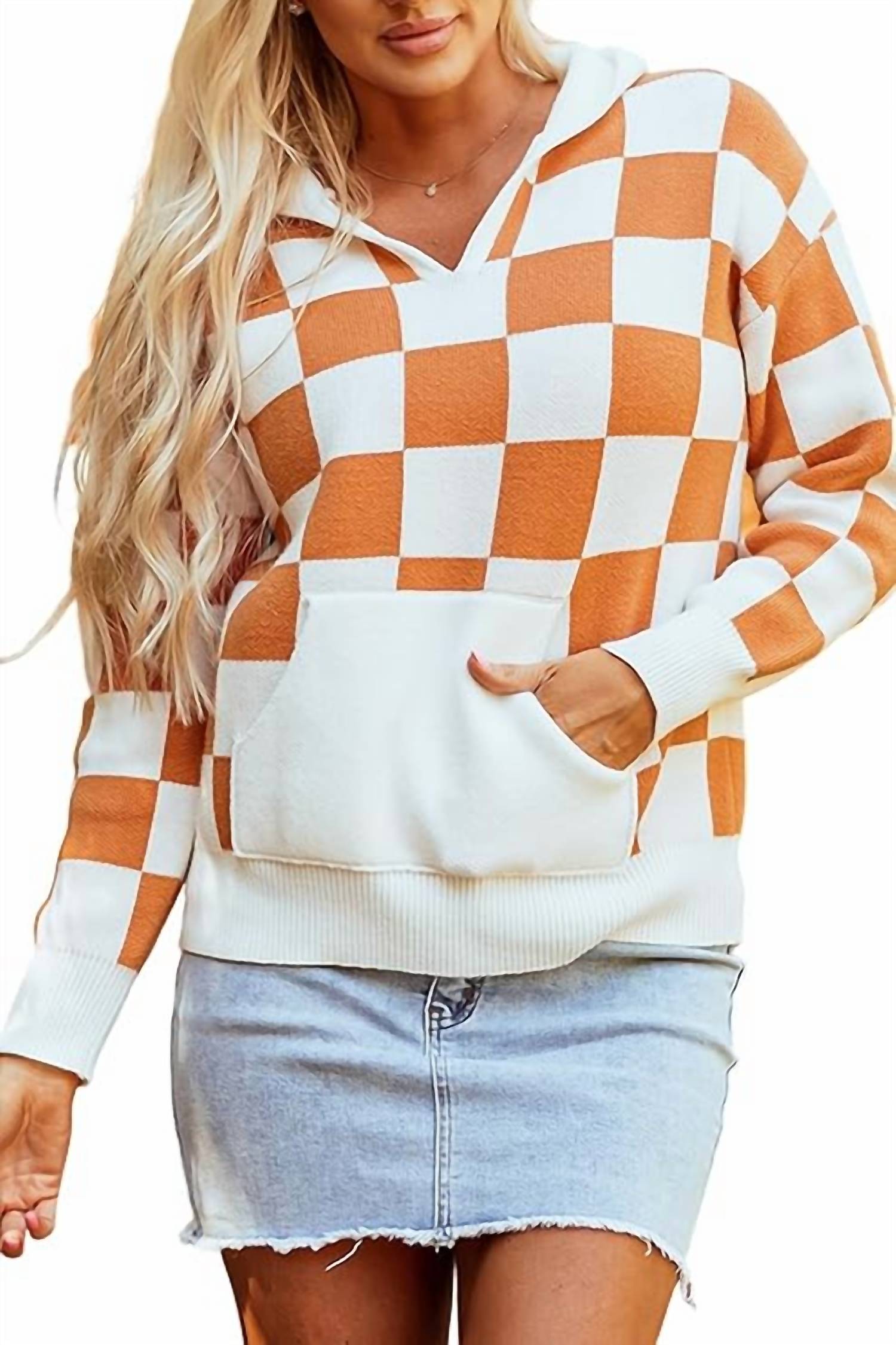 1 The Woman Long Sleeve Check Sweater In Gold Flame In Multi