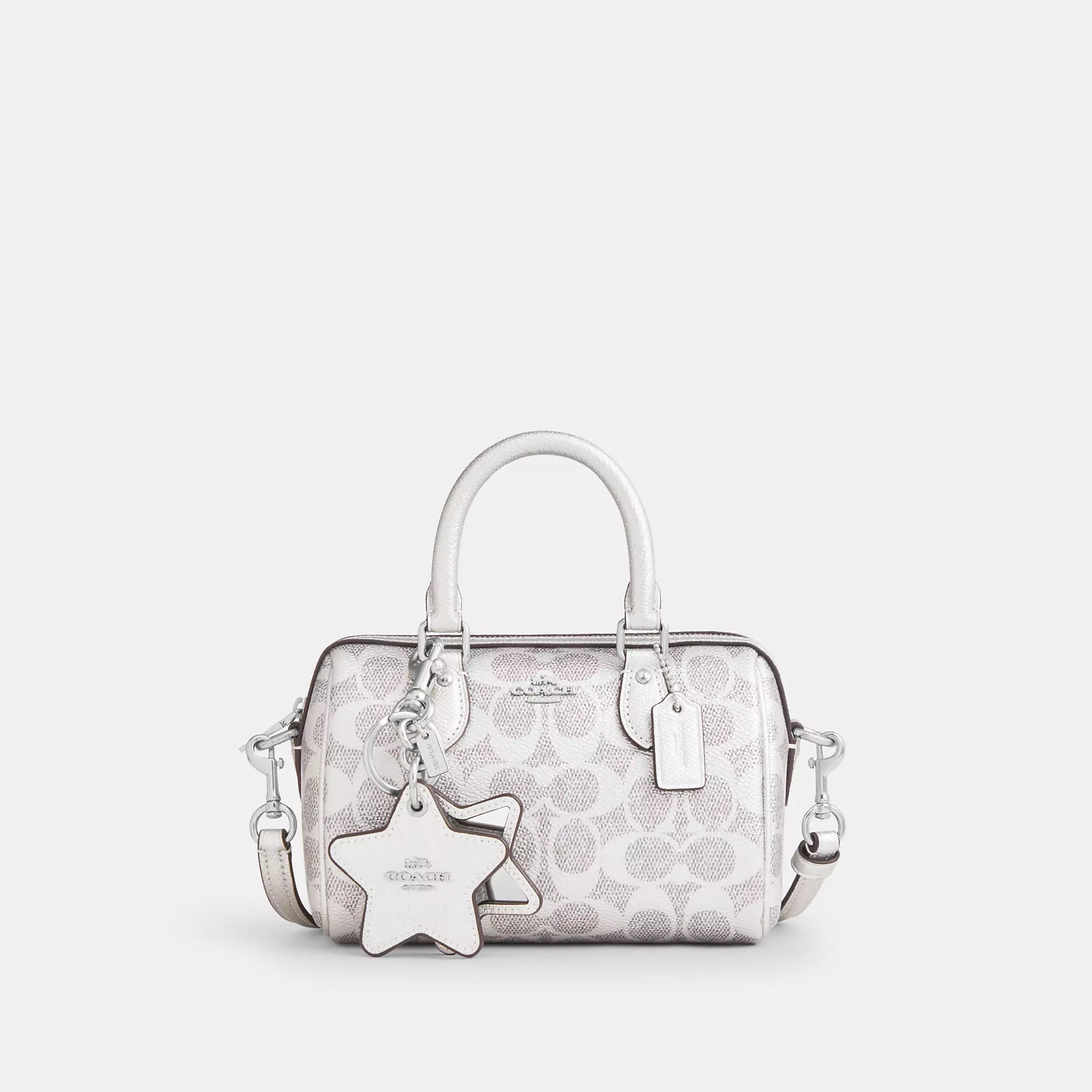 Coach Outlet Boxed Mini Rowan Crossbody Bag And Mirror Bag Charm Set In Signature Canvas In Silver