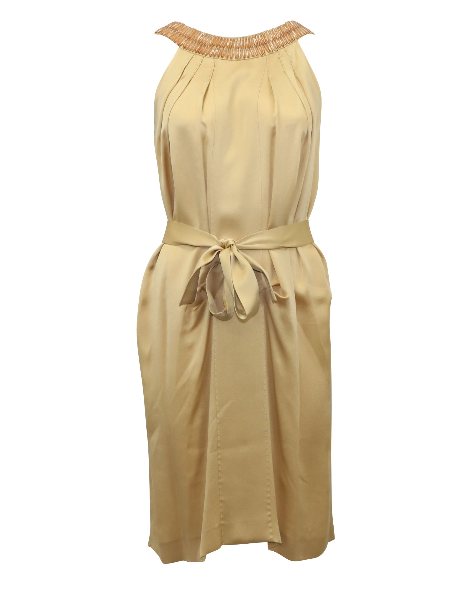 Image of Alberta Ferretti Embellished Neck Detail Belted Dress in Beige Silk