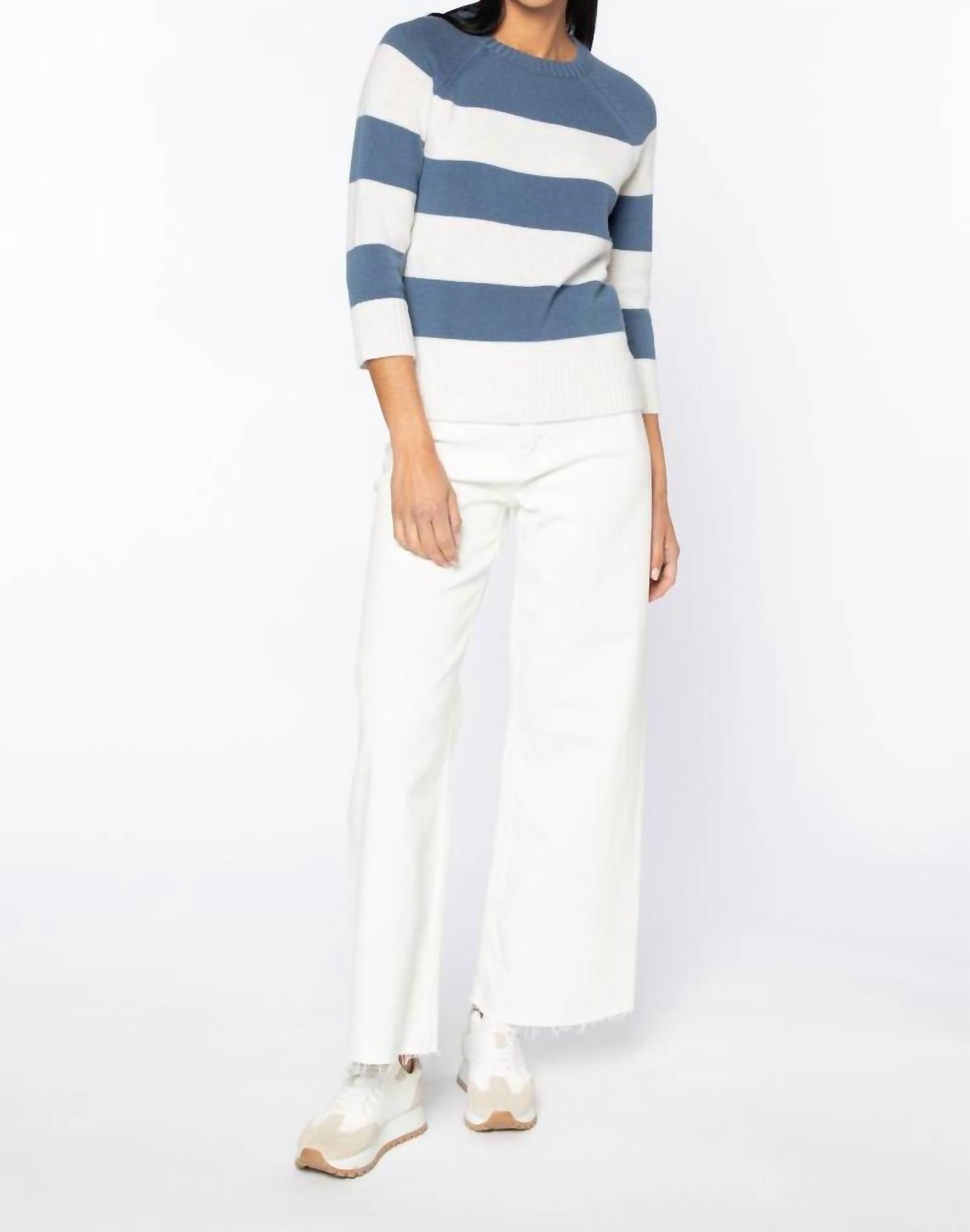 Shop Kinross 3/4 Sleeves Wide Stripe Crew Sweater In Twilight/whisper In White