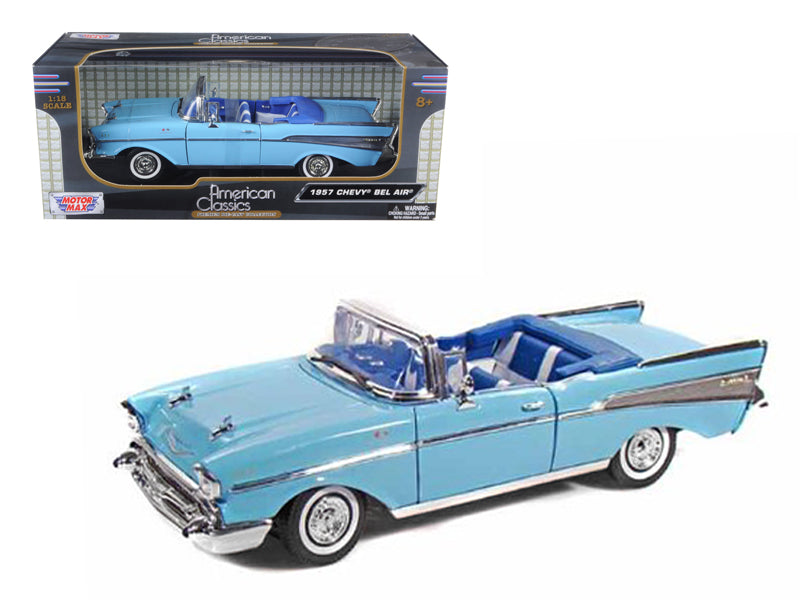 Motormax 1957 Chevrolet Bel Air Convertible Light Blue With Blue Interior 1/18 Diecast Model Car By