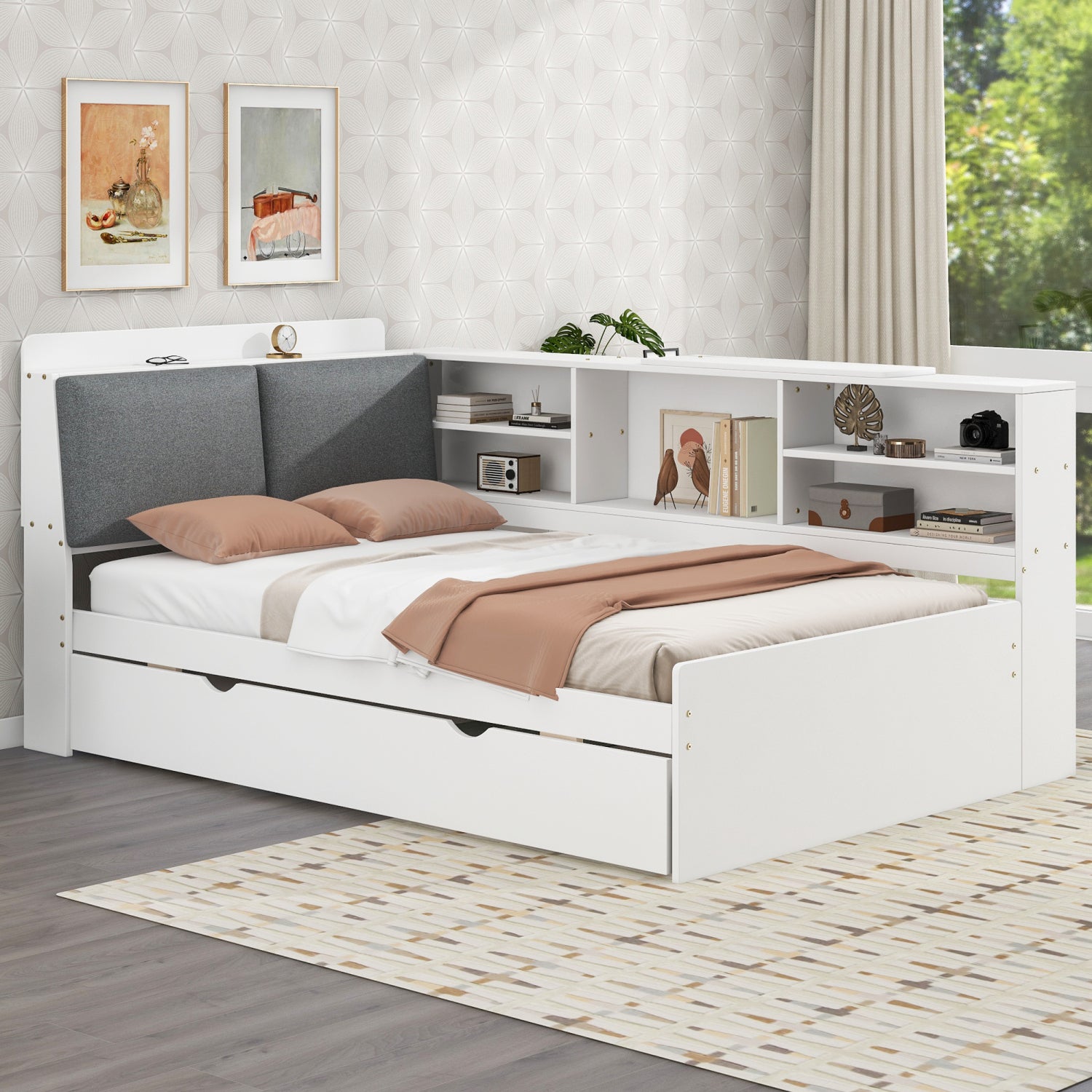 Streamdale Twin Platform Bed with Trundle, Shelves, and Storage