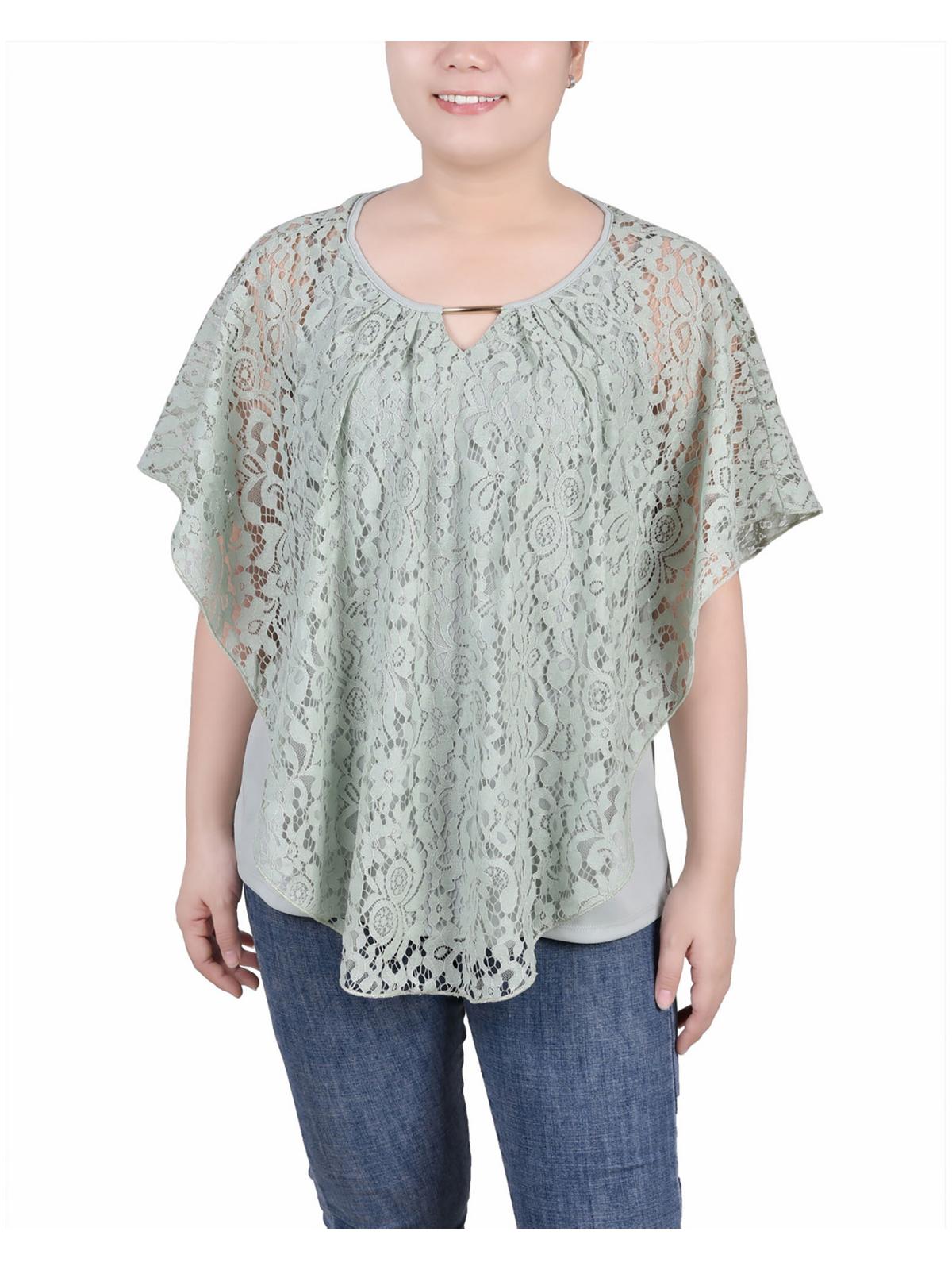 Ny Collection Petites Womens Poncho Sleeve Lace Overlay Blouse In Gray