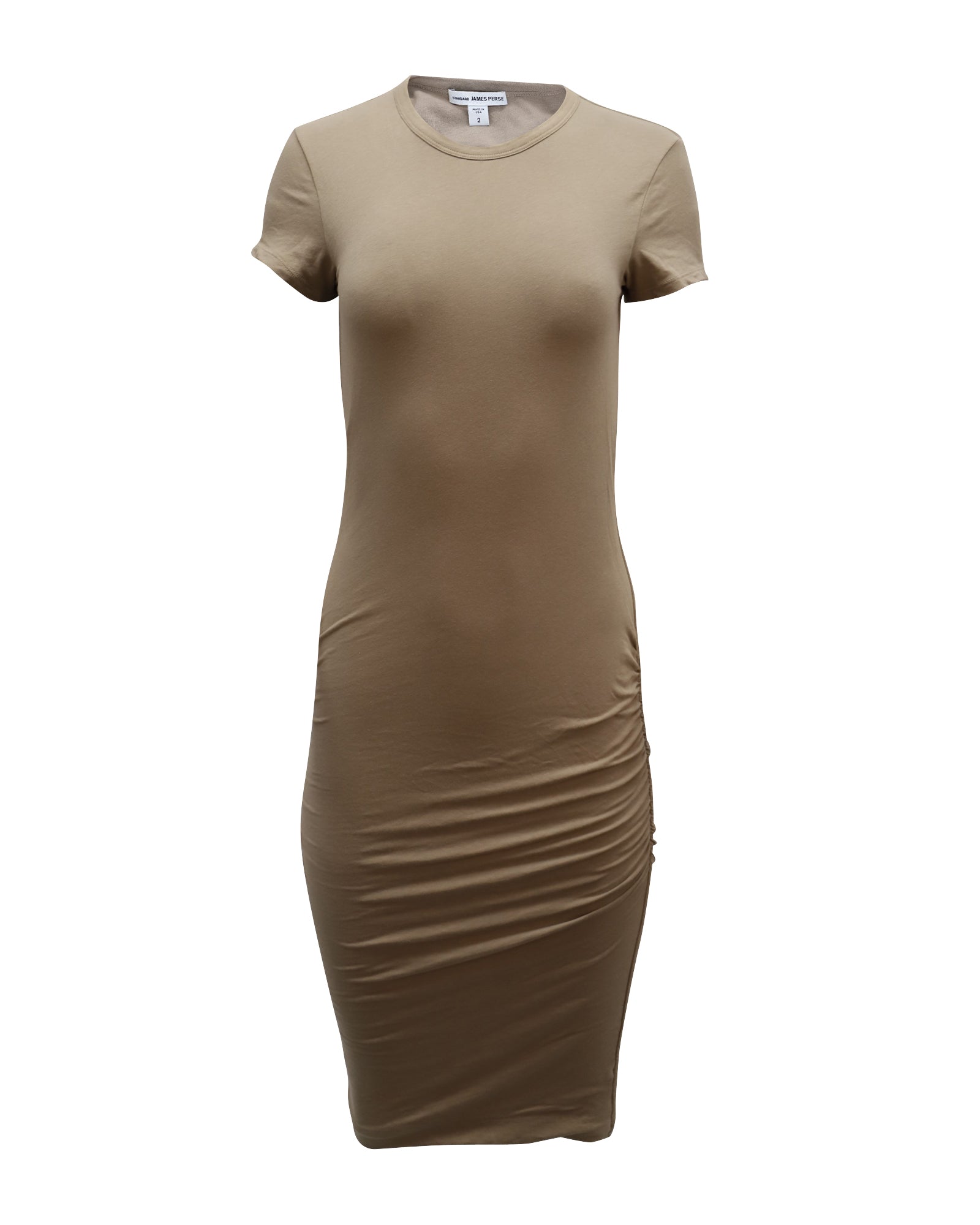 Image of James Perse Ruched T-shirt Dress in Tan Cotton