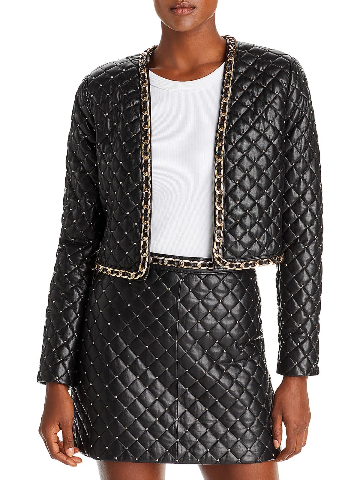 Shop Alice And Olivia Zeta Womens Vegan Leather Cropped Quilted Coat In Black