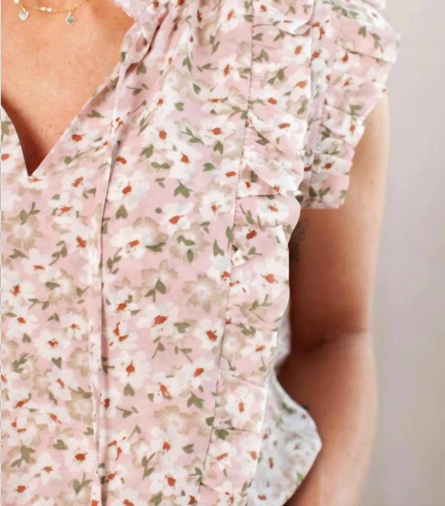 Shop Elan Ruffled Sleeveless Floral Top In Blush In Gold