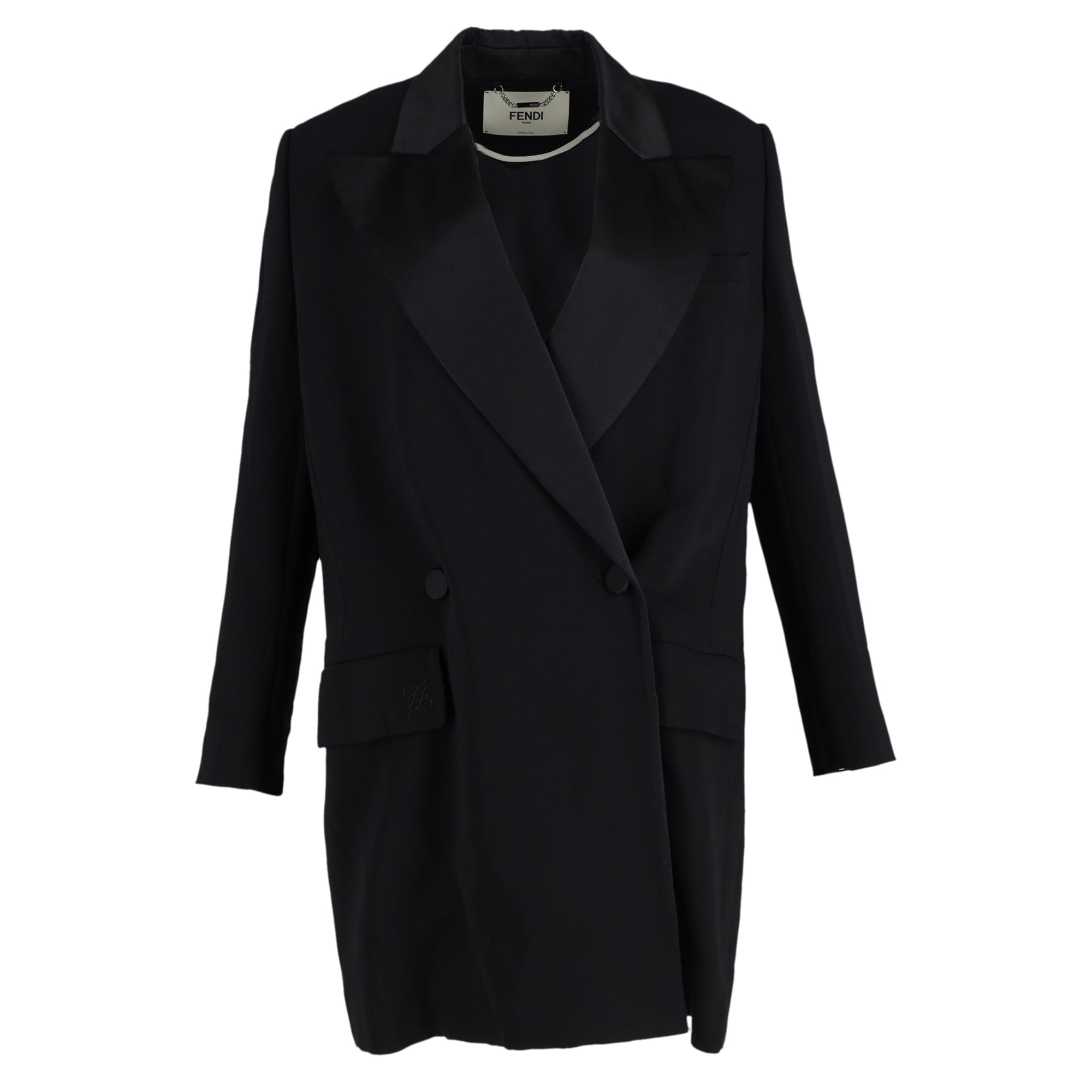 image of Fendi Double-Beasted Long Blazer in Black Wool