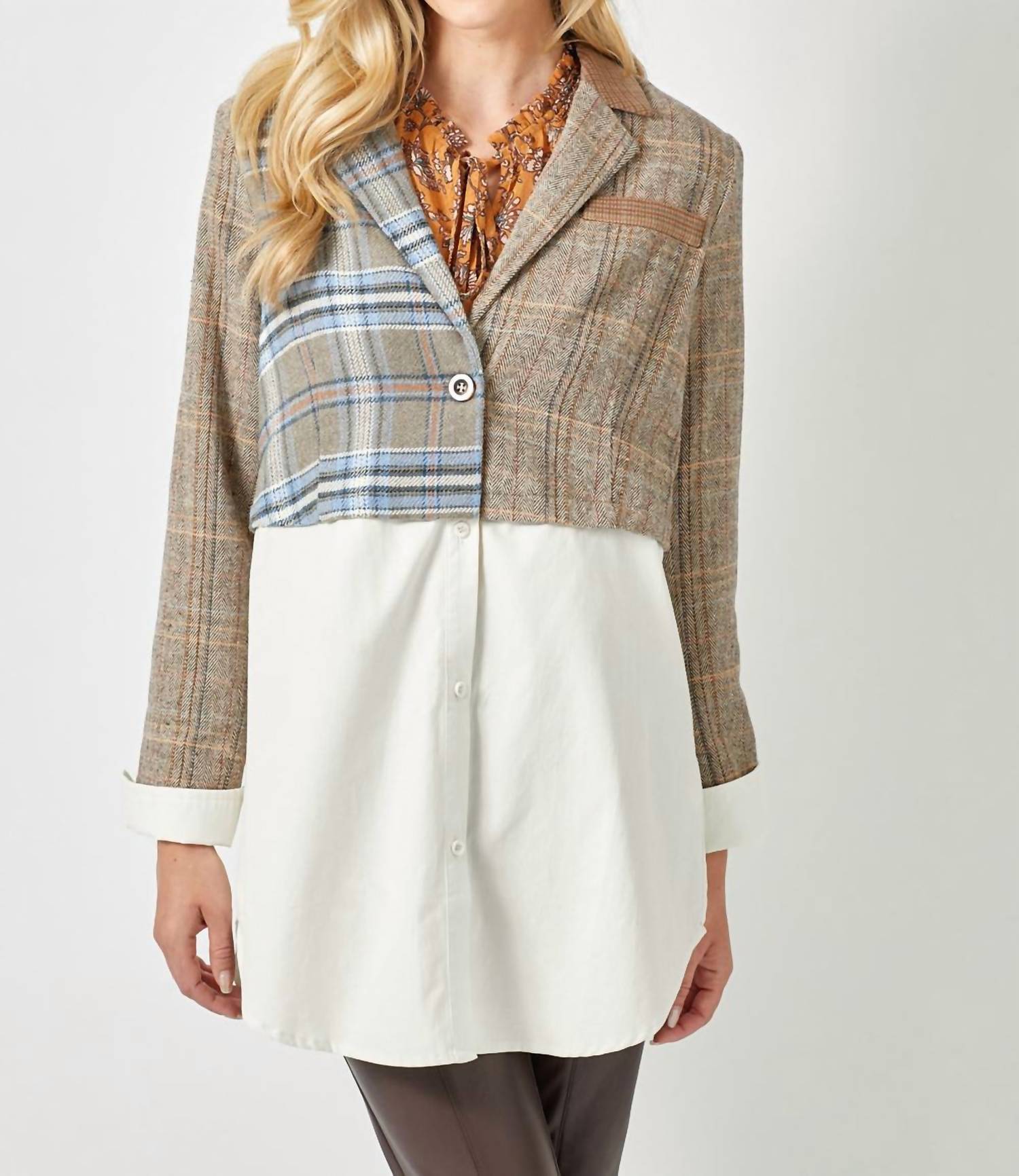 Mystree Two-fer Mixed Blazer In Latte Mix In Brown