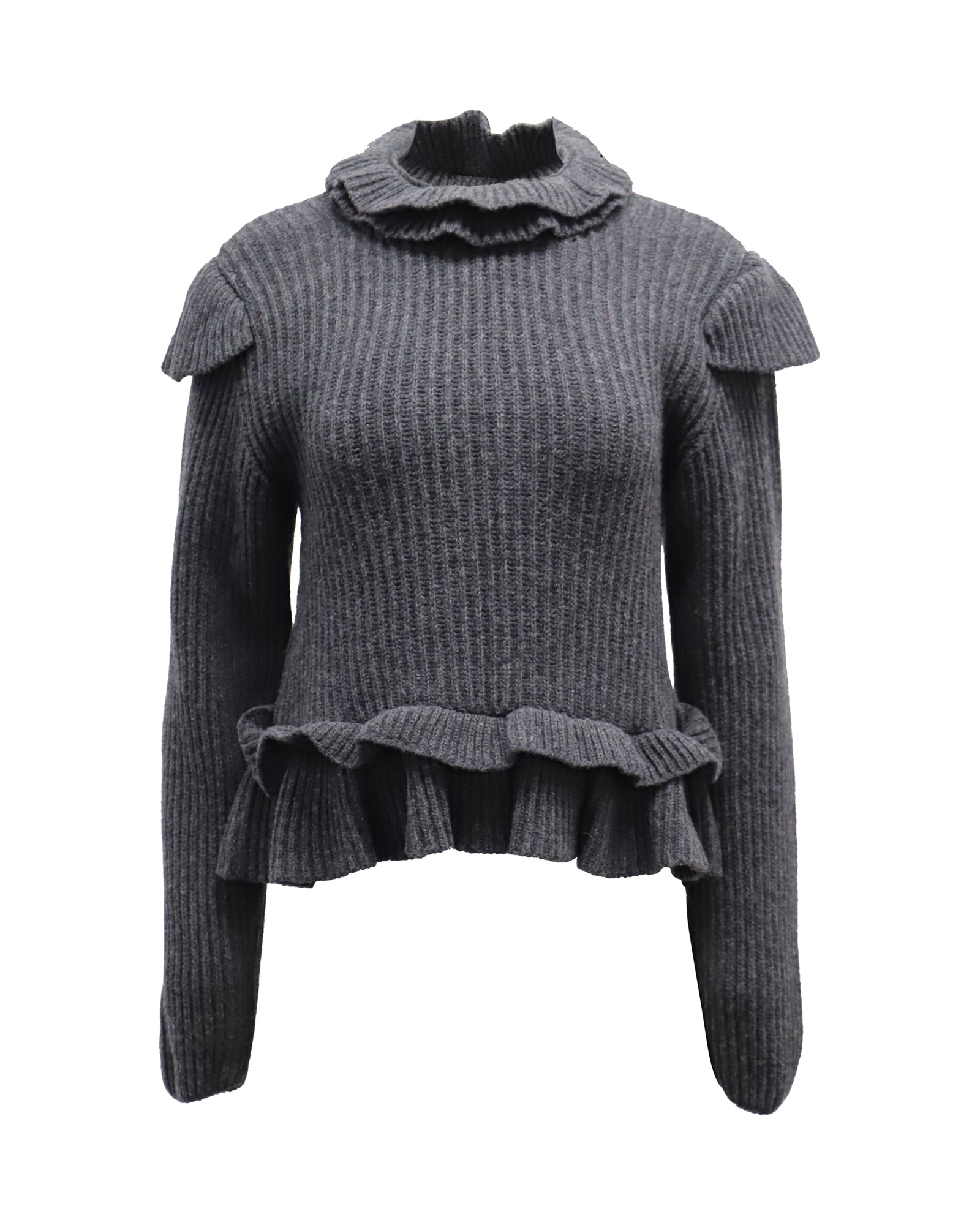 image of Ganni Cut-out Ruffled Ribbed Sweater in Grey Wool