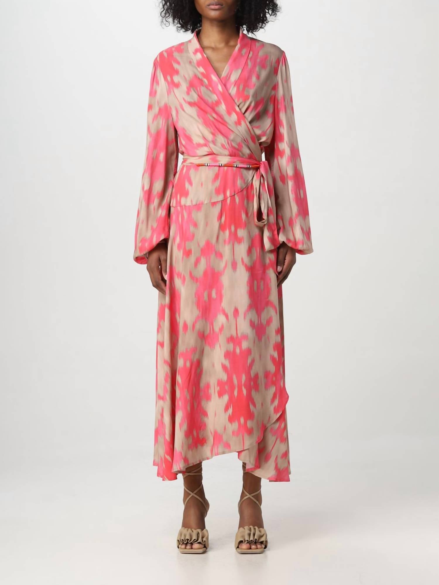 Shop Bazar Ikat Wrap Dress In Camel/pink