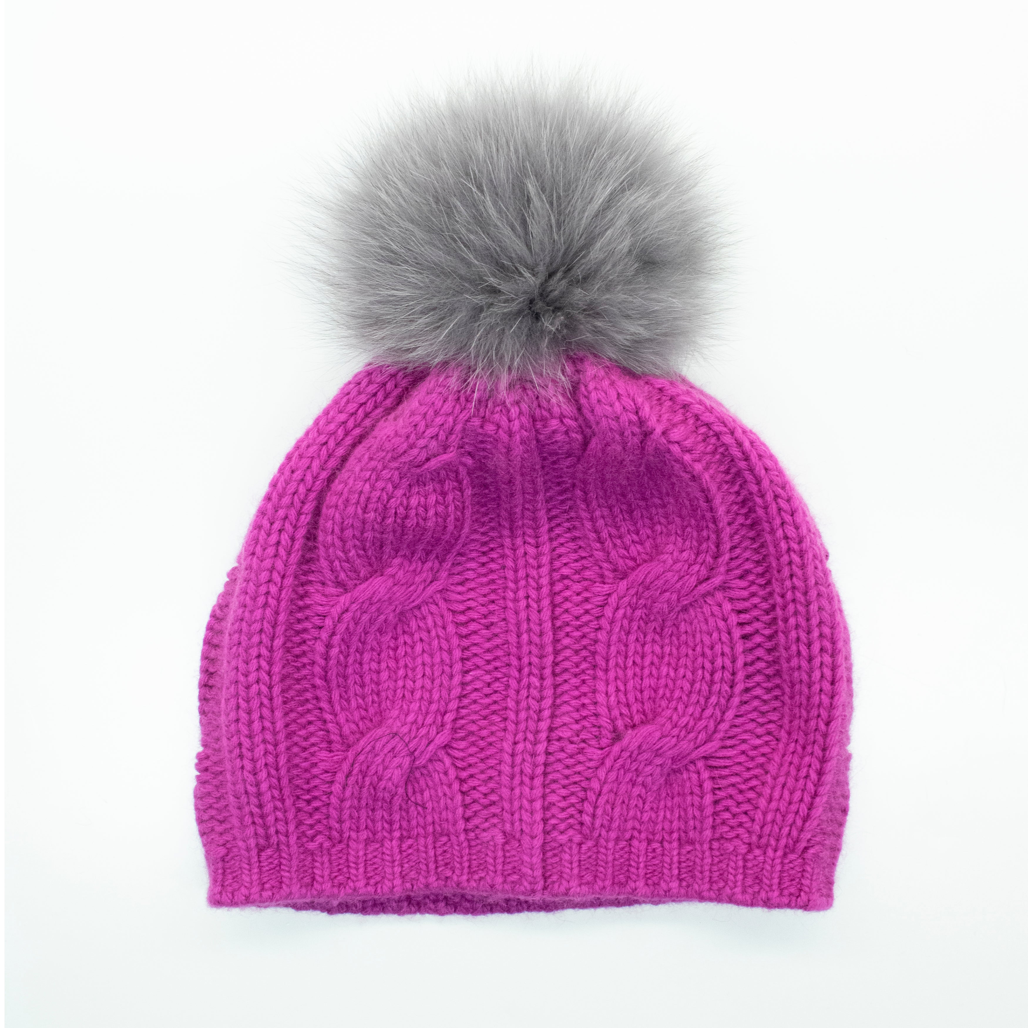 Portolano Cabled Beanie With Fur Pom In Purple