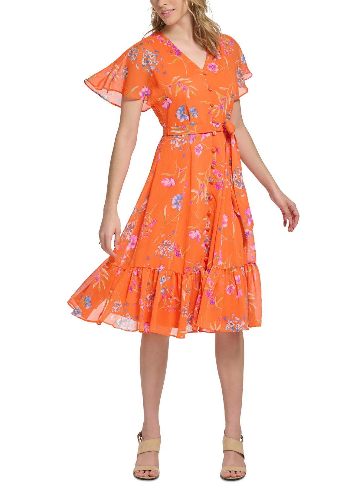 Calvin Klein Petites Womens Floral Print Knee Length Fit & Flare Dress In Orange