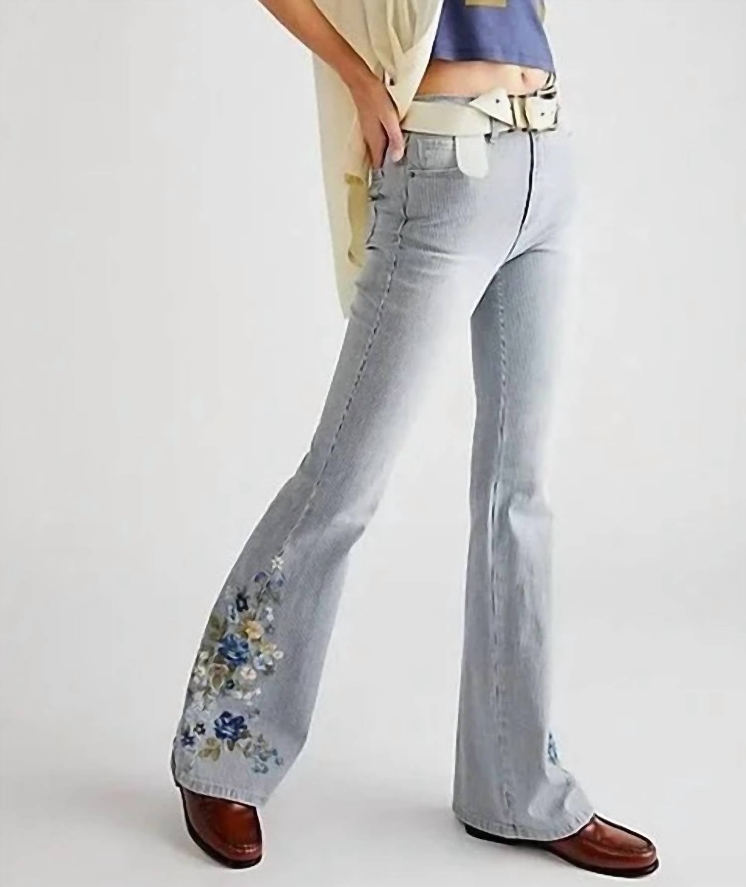 Shop Driftwood Farrah Embroidered Flare Jean In Pinstripe Lagoon In Silver