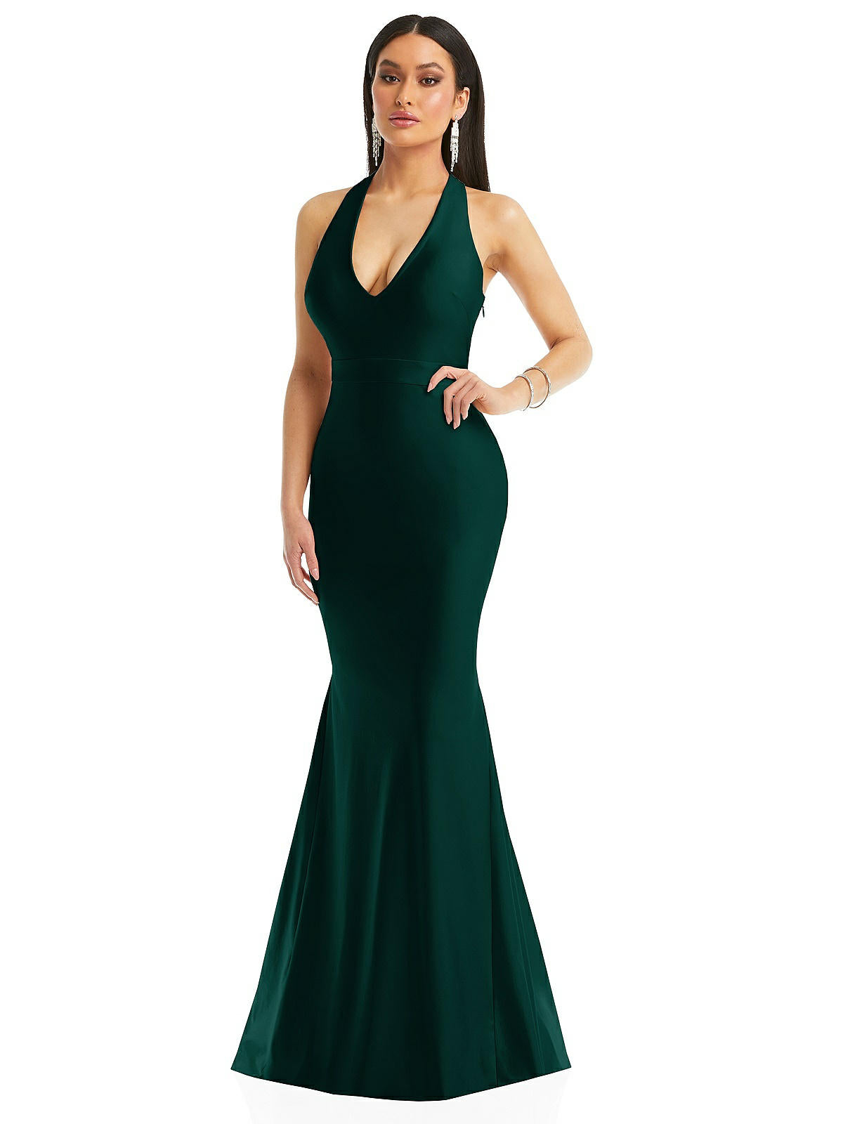 Shop Cynthia & Sahar Plunge Neckline Cutout Low Back Stretch Satin Mermaid Dress In Green