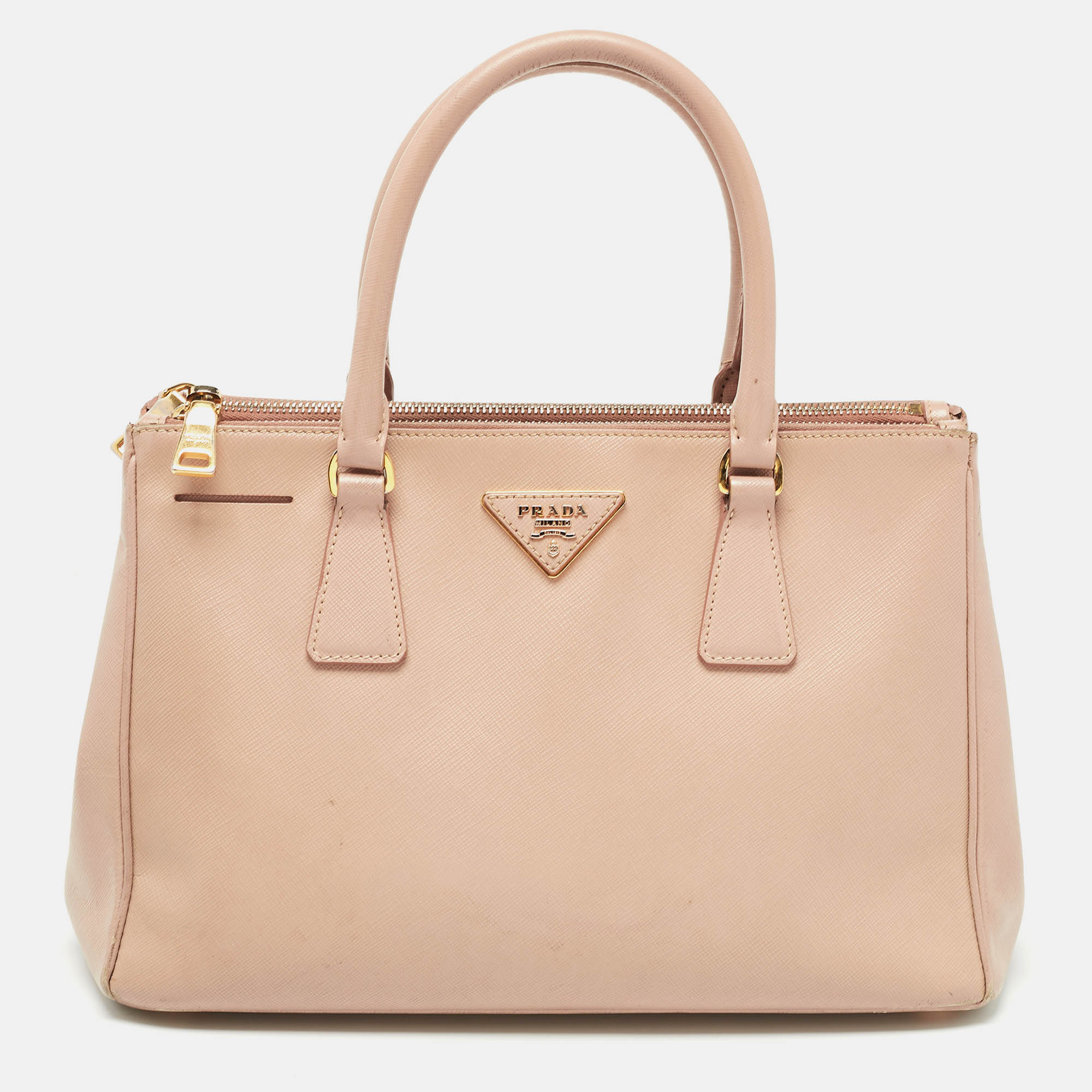 Prada Light Saffiano Lux Leather Small Double Zip Tote In Neutral