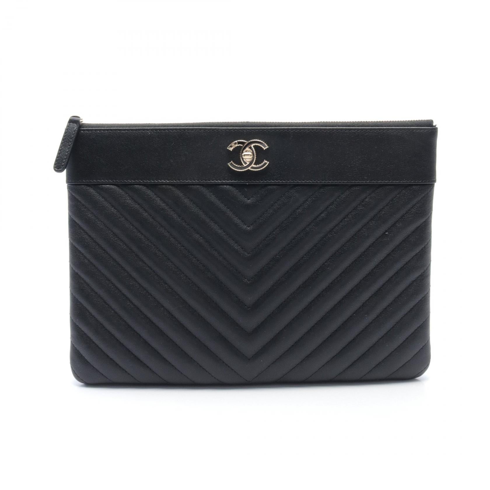 image of Chanel CC Chevron Zip Clutch Leather Clutch Bag