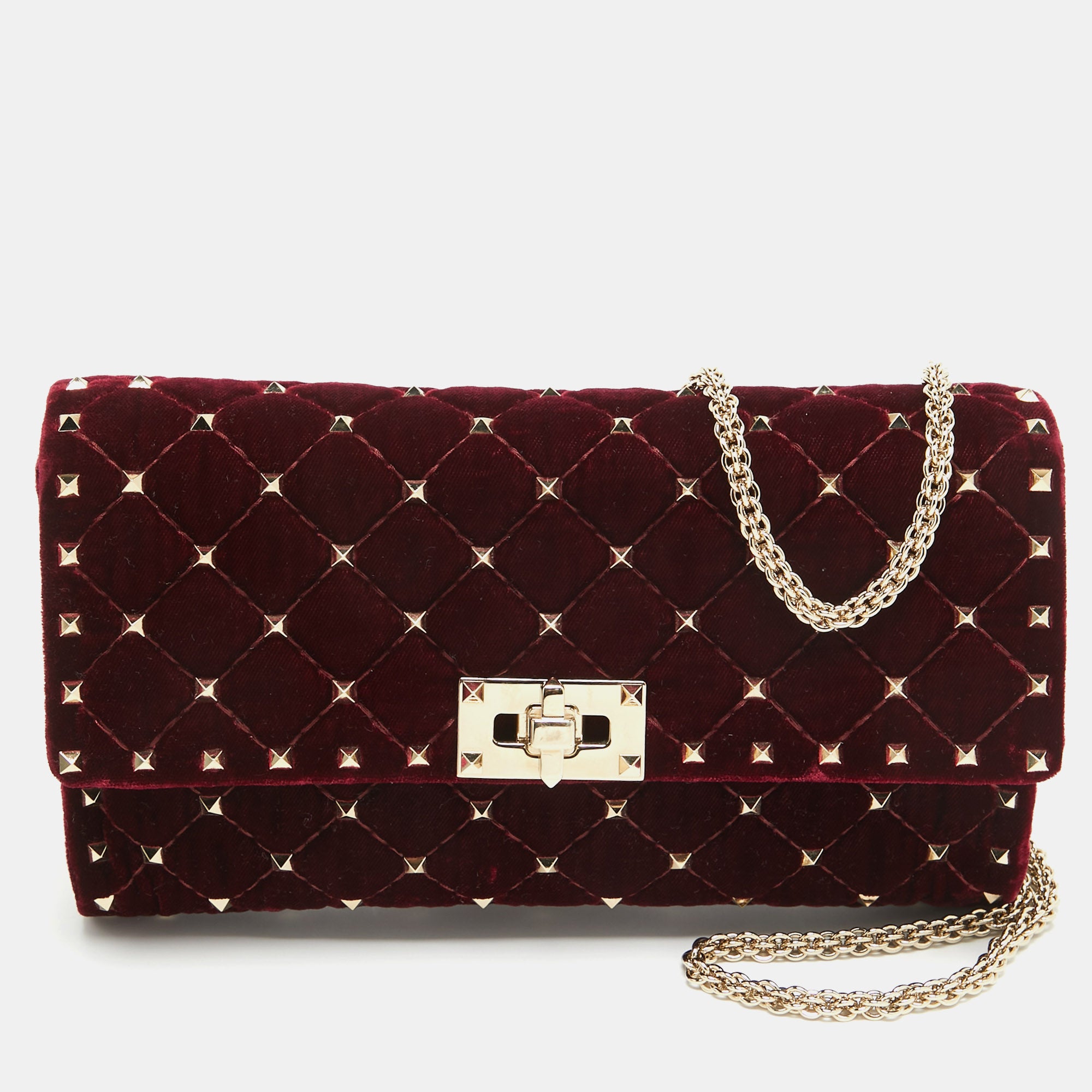 Valentino Garavani Quilted Velvet Rockstud Spike Chain Clutch In White