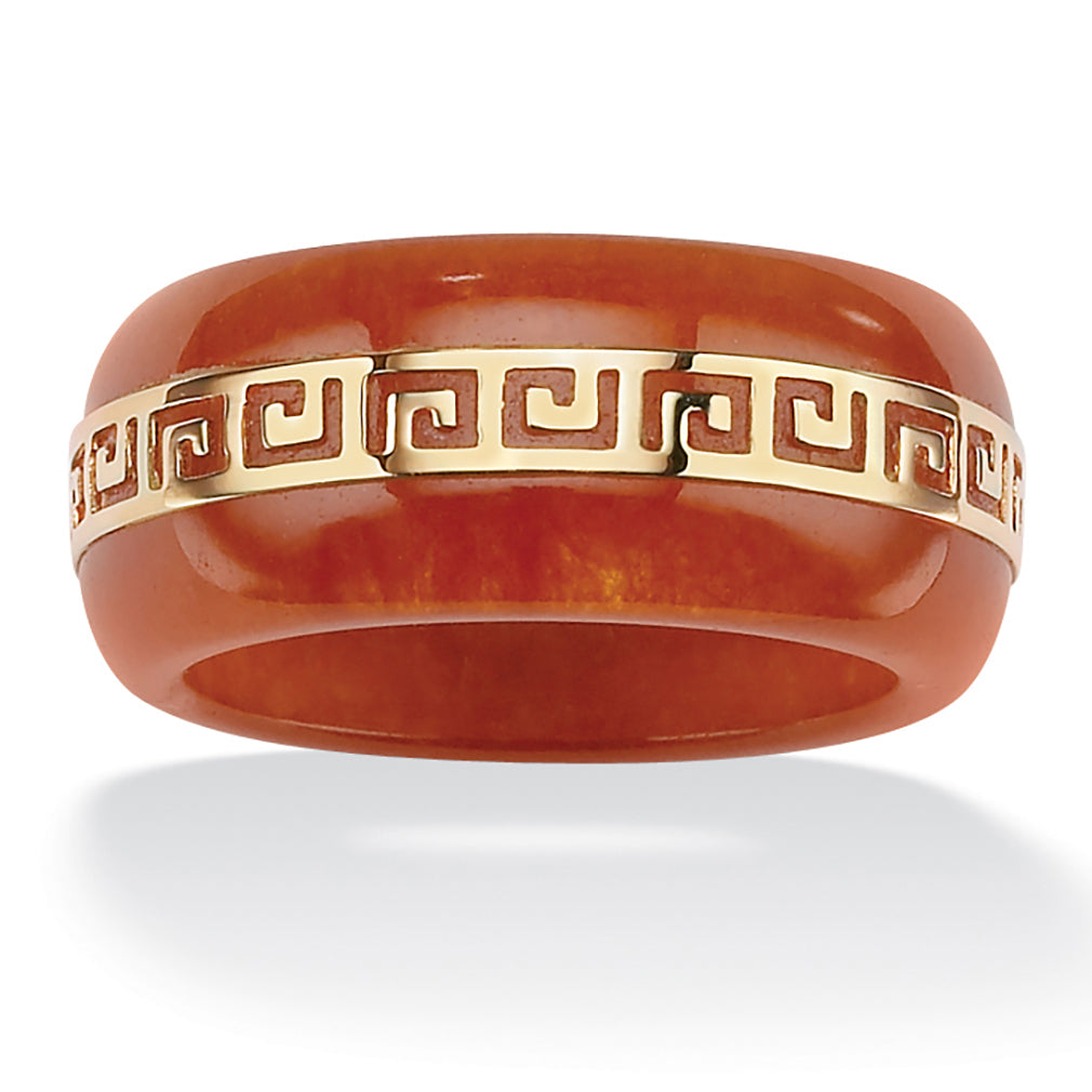 Red Jade "Greek Key" 14K Gold Ring