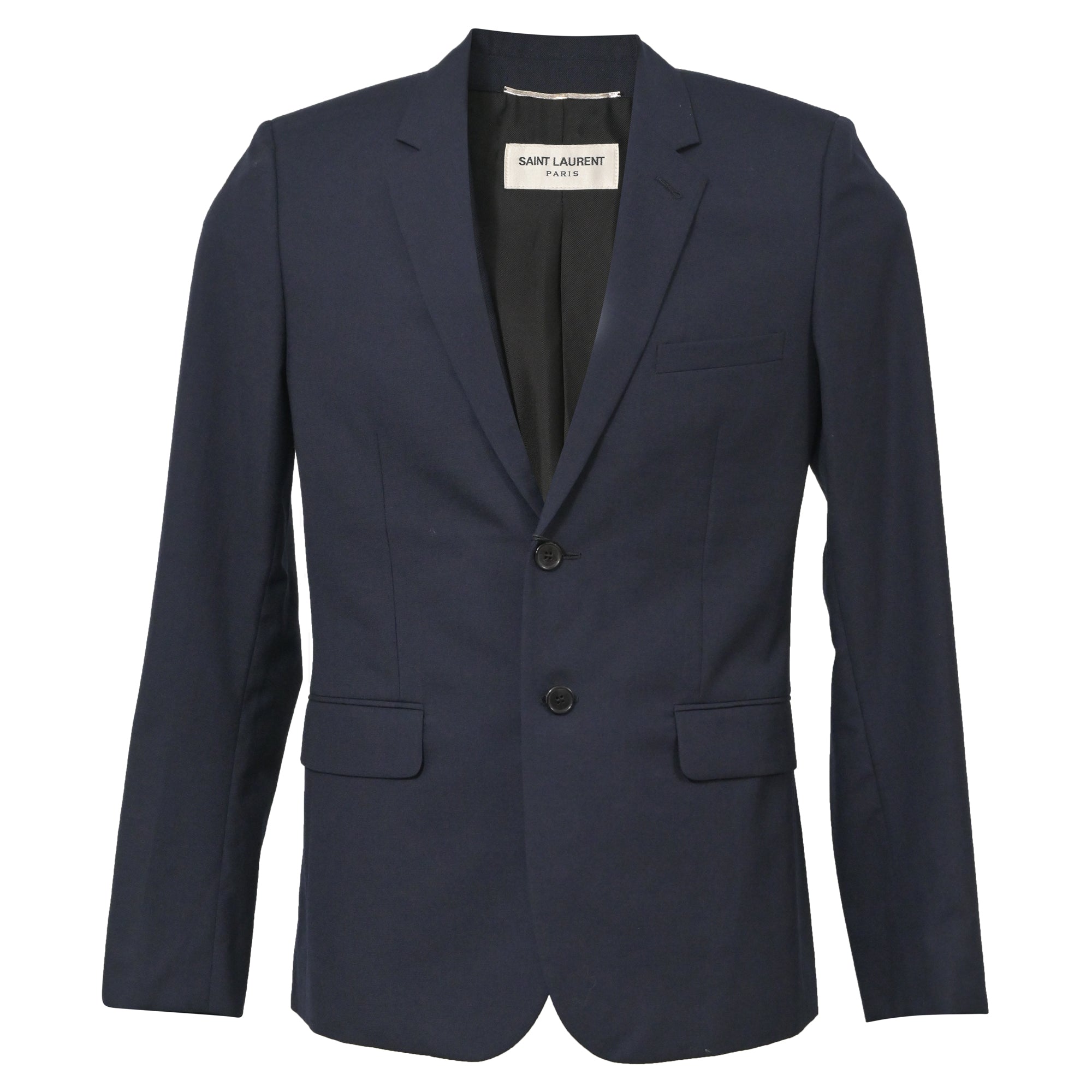 Image of Saint Laurent Single Breasted Blazer in Navy Blue Wool