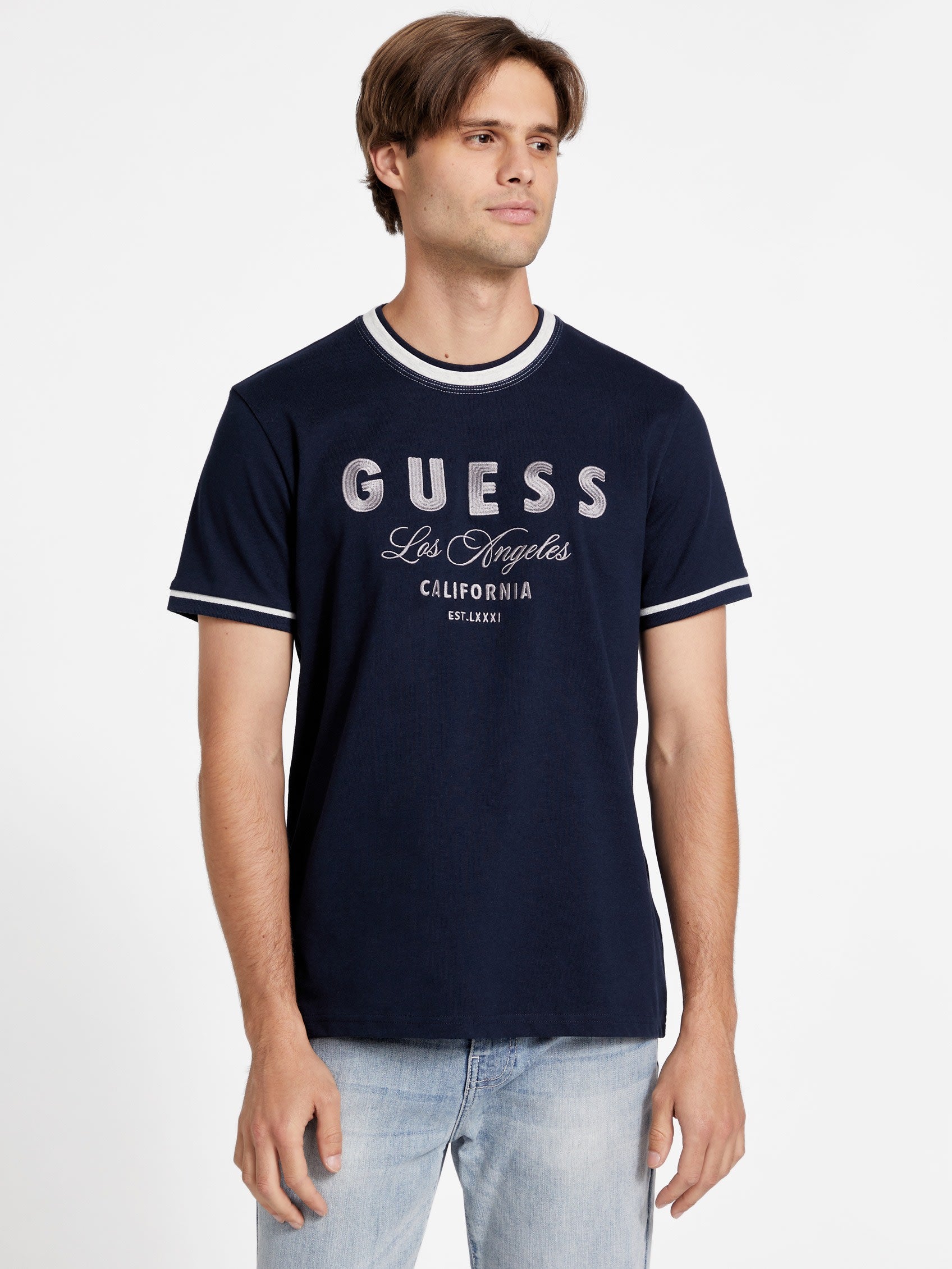 Guess Factory Nathaniel Embroidered Logo Tee In Multi