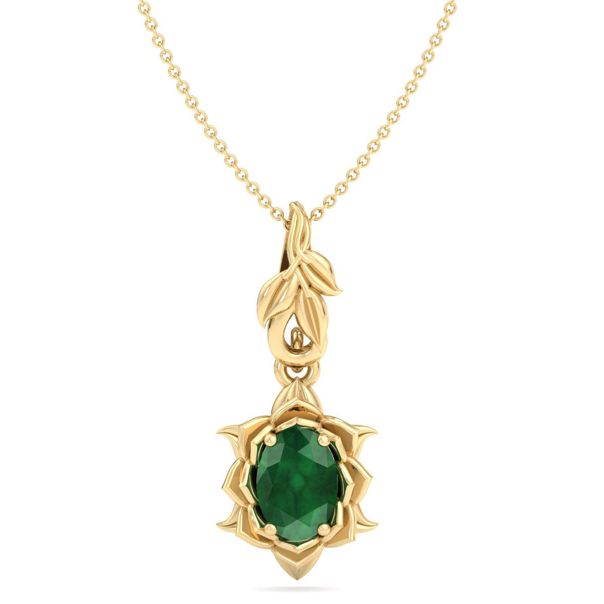 Sselects 3/4 Carat Oval Shape Emerald Necklaces With Ornate Vine Design In 14 Karat Yellow Chain In Gold
