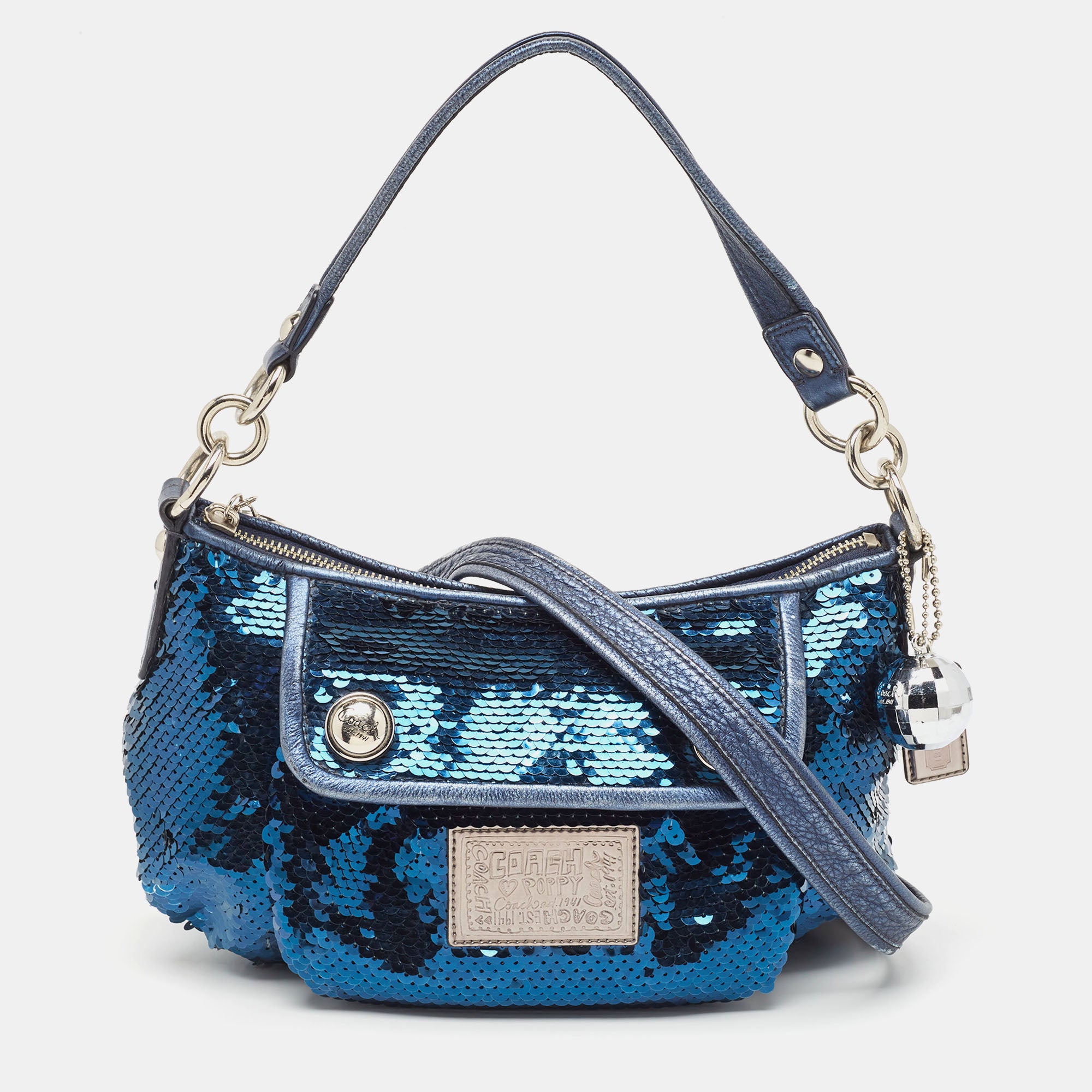 Shop Coach /silver Sequins And Leather Groovy Hobo In Blue