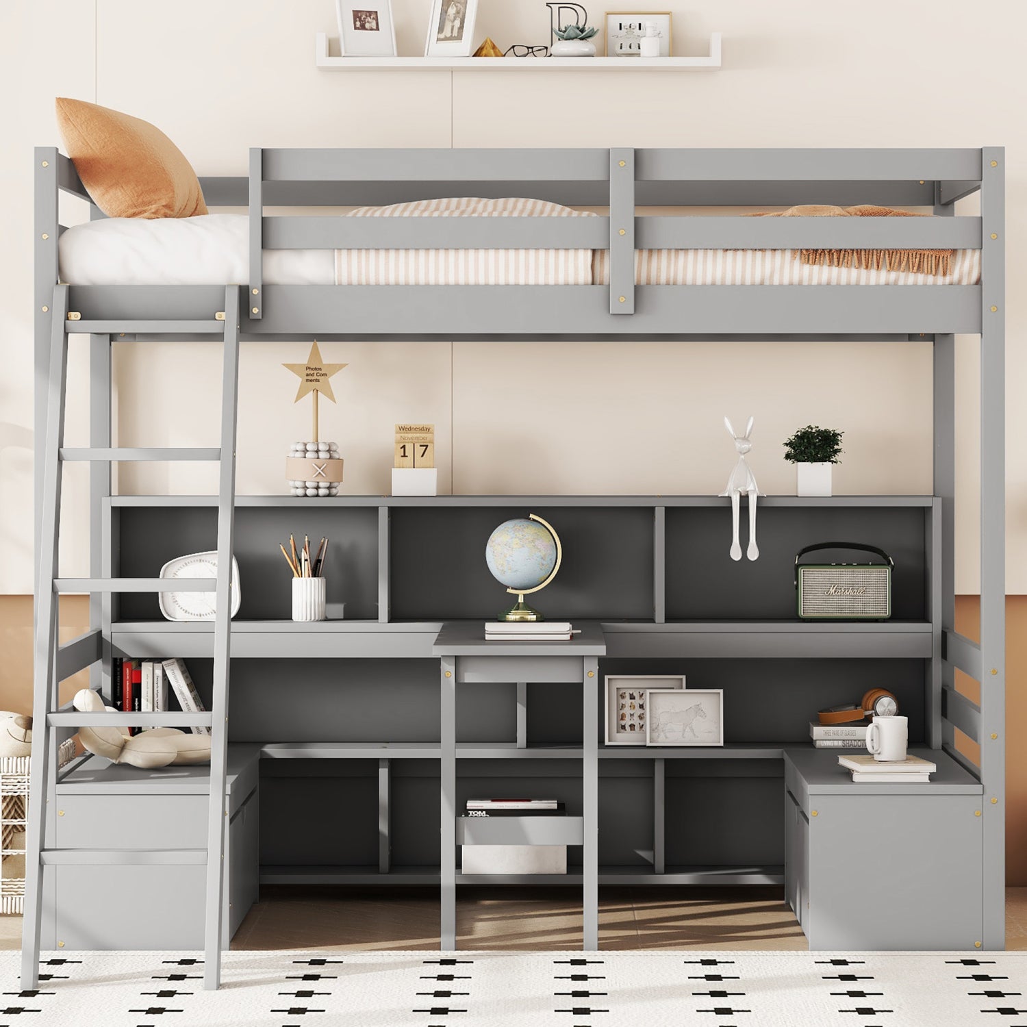 Streamdale Twin Loft Bed with Storage & Desk in Grey