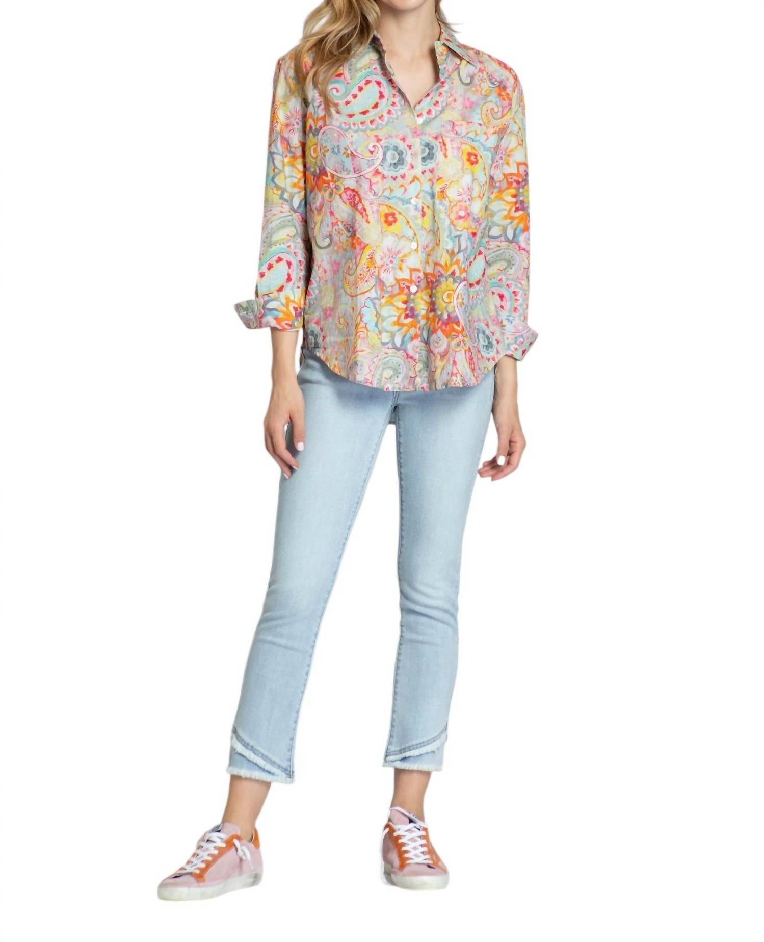 Apny Paisley Cotton Boyfriend Button Shirt In Multi