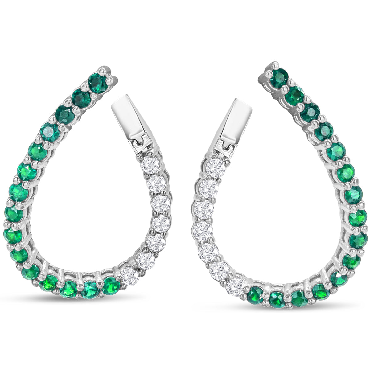 Sselects 2 1/2 Carat Front-back Emerald And Diamond Hoop Earrings In 14 Karat White I-j, I1-i2 In Gold