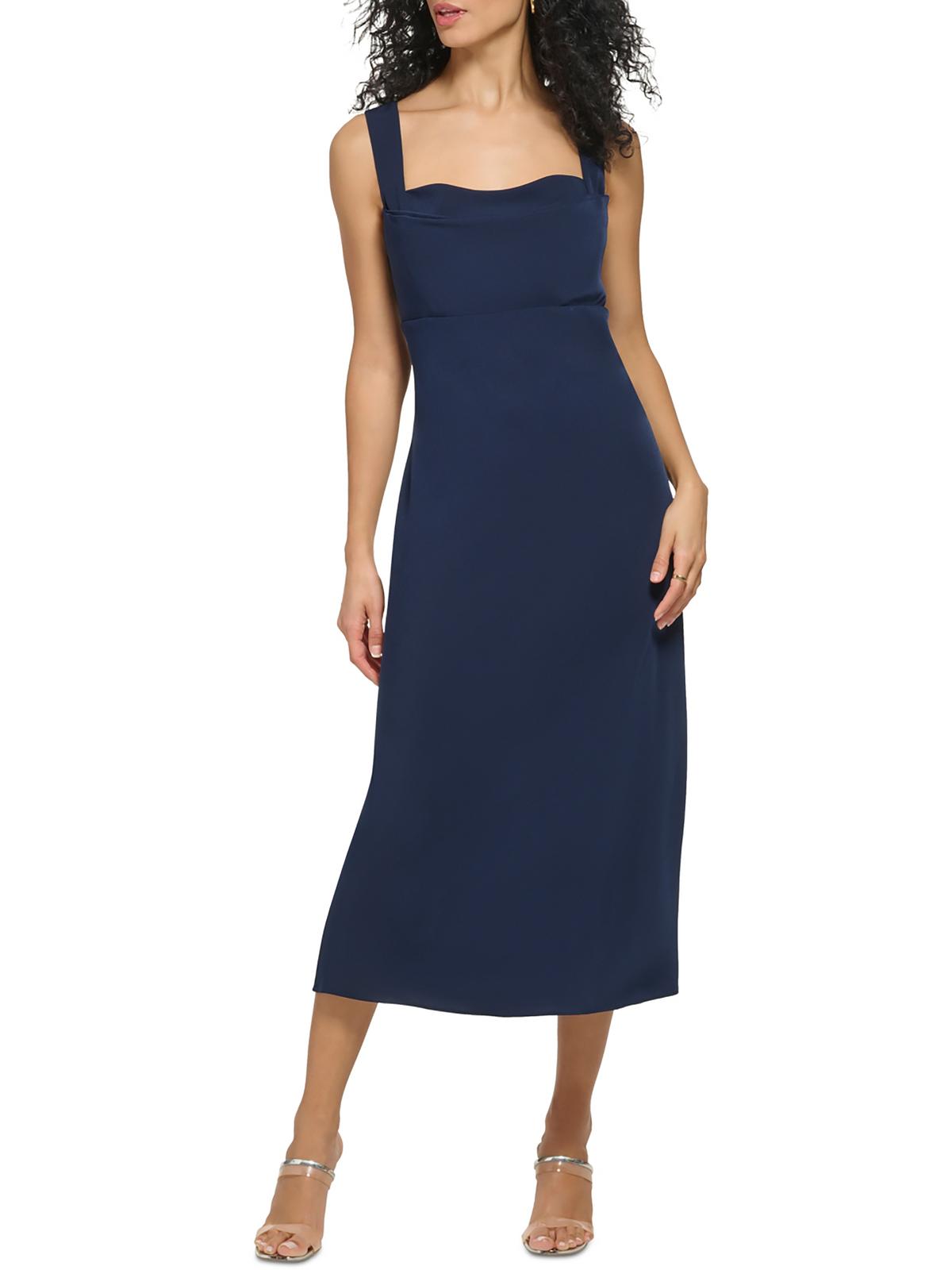 Shop Dkny Womens Sleeveless Draped Neck Midi Dress In Blue