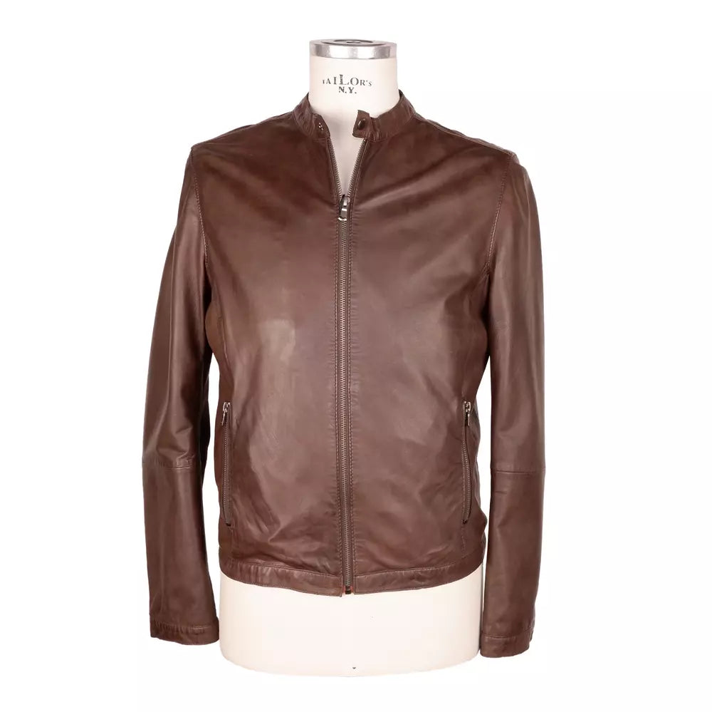 Emilio Romanelli Elegant Brown Leather Jacket With Snap Collar In Brown
