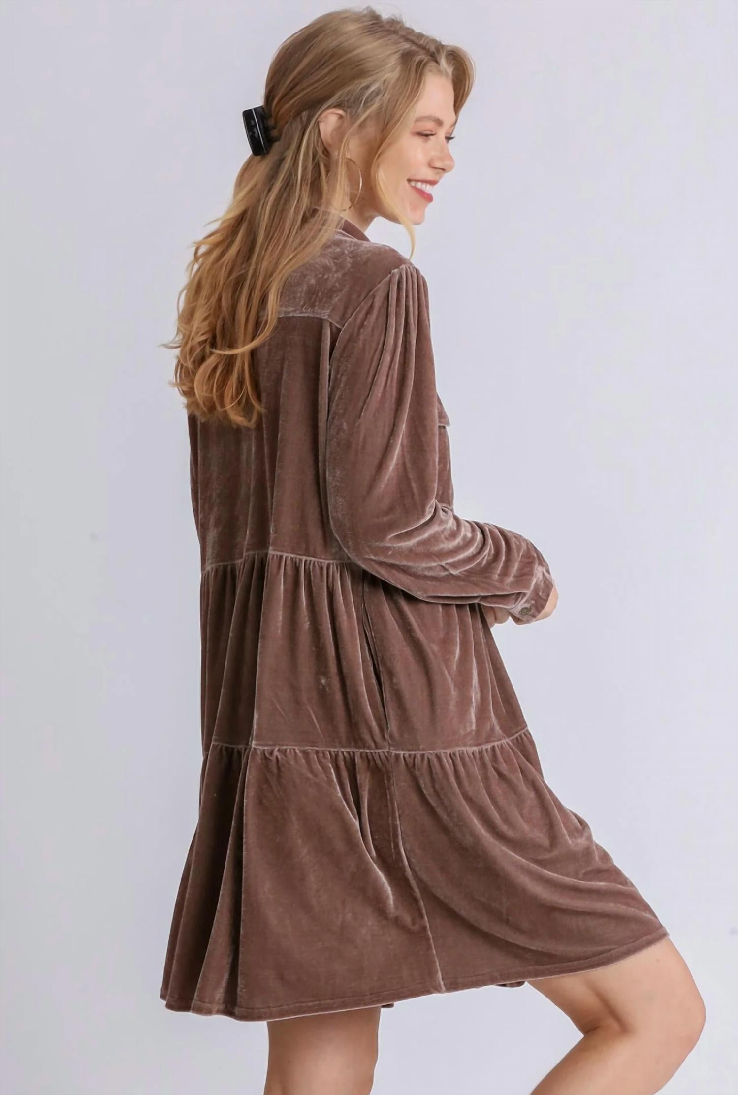Velvet Long Sleeve Button Down Tiered Dress In Brown